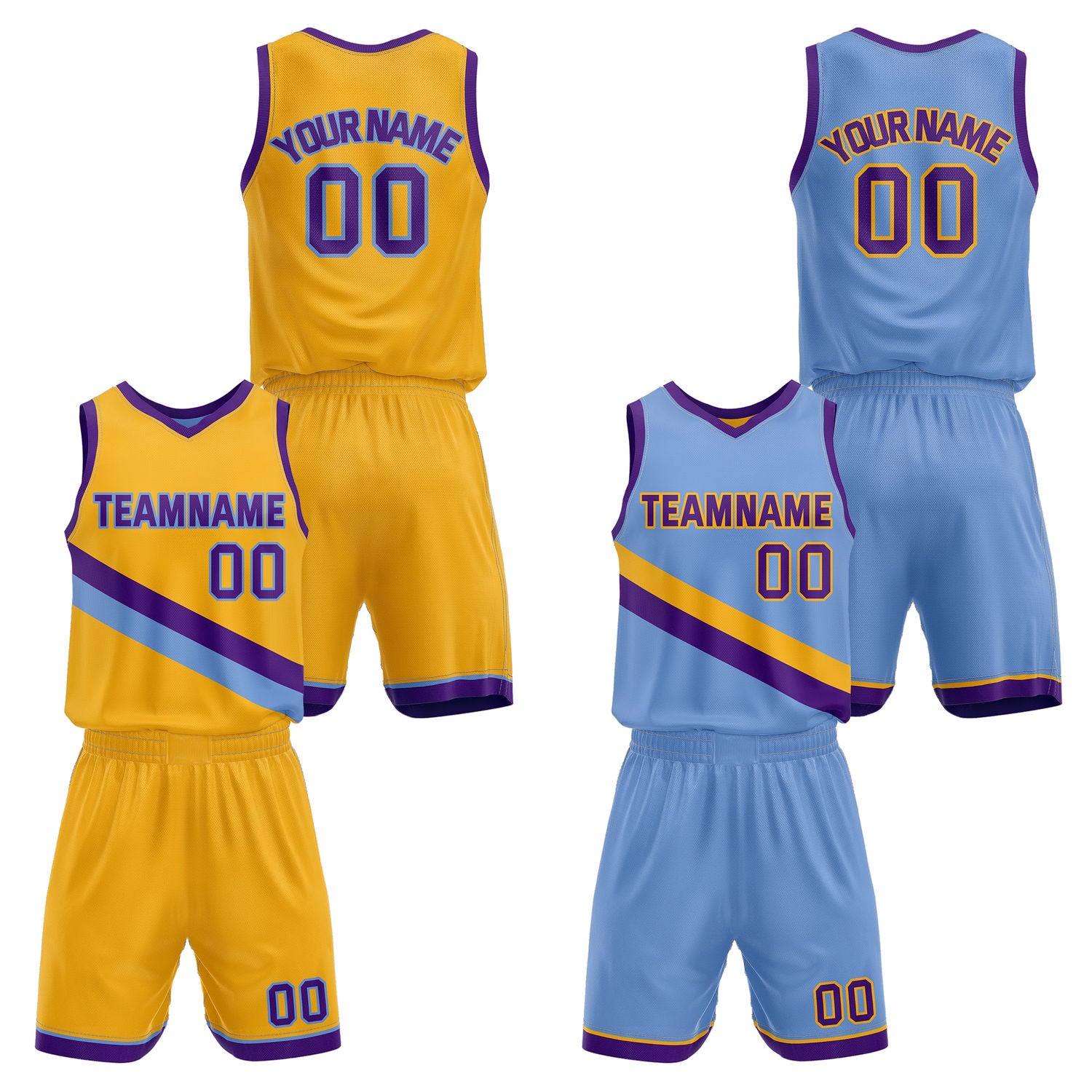 Custom Reversible Yellow Light Blue Purple Basketball Uniform Set | Team & Player Name - Vosoli
