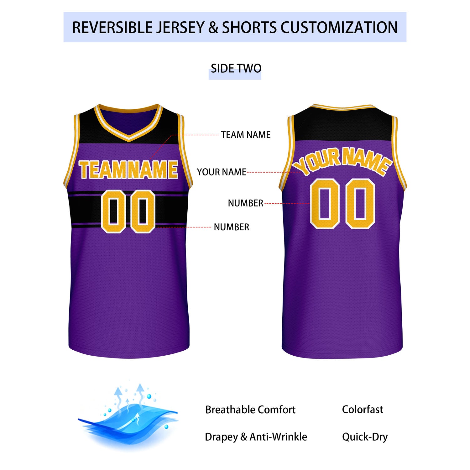 Custom Reversible Yellow Purple Block Basketball Jersey | Team & Player Name - Vosoli