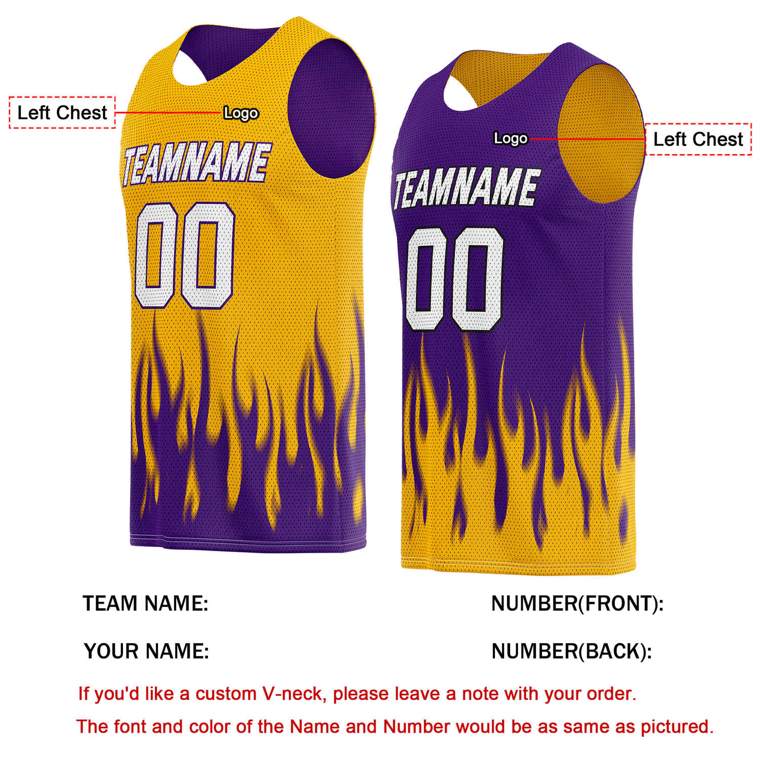 Custom Reversible Yellow Purple Flame Basketball Jersey | Personalized Team Top - Vosoli