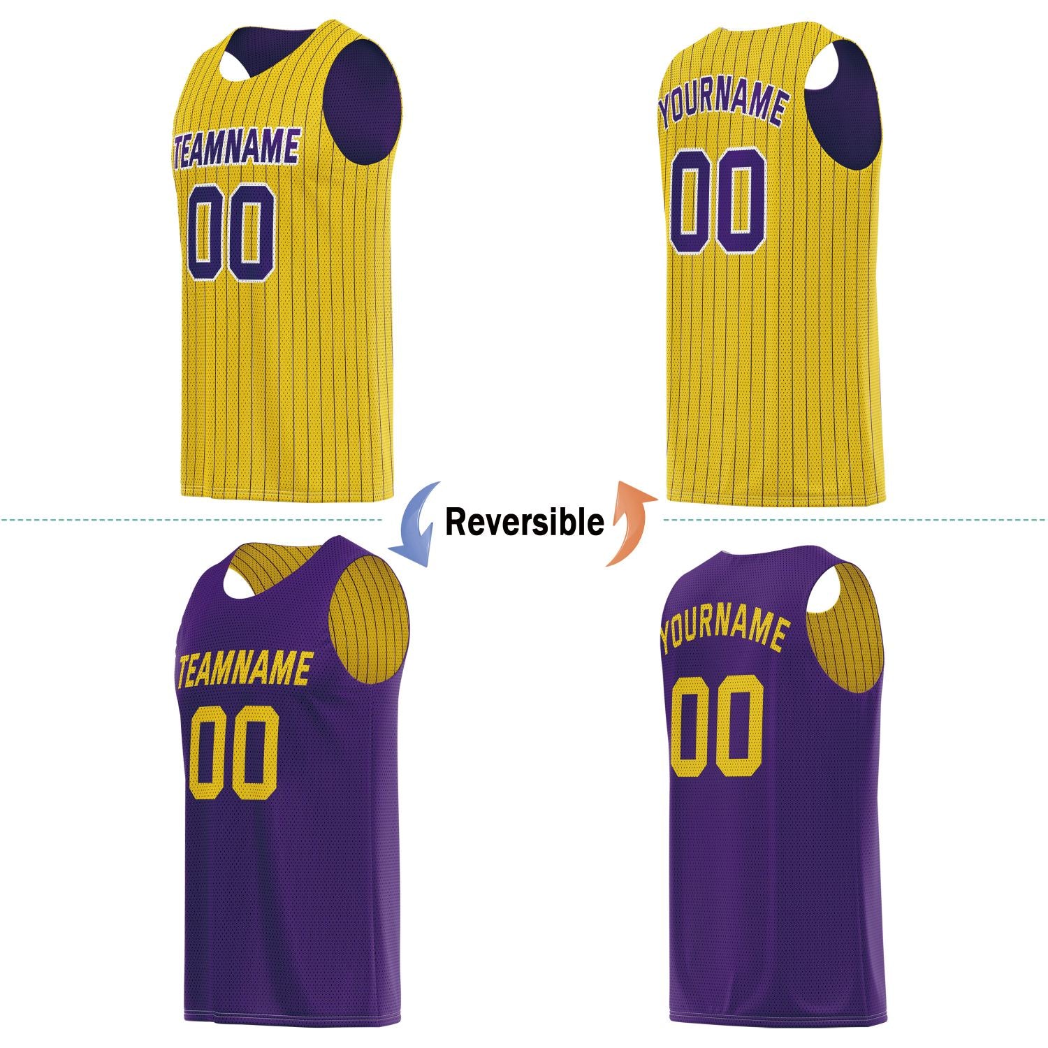 Custom Reversible Yellow Purple Striped Basketball Jersey | Personalized Team Name, Number & LOGO | Vosoli