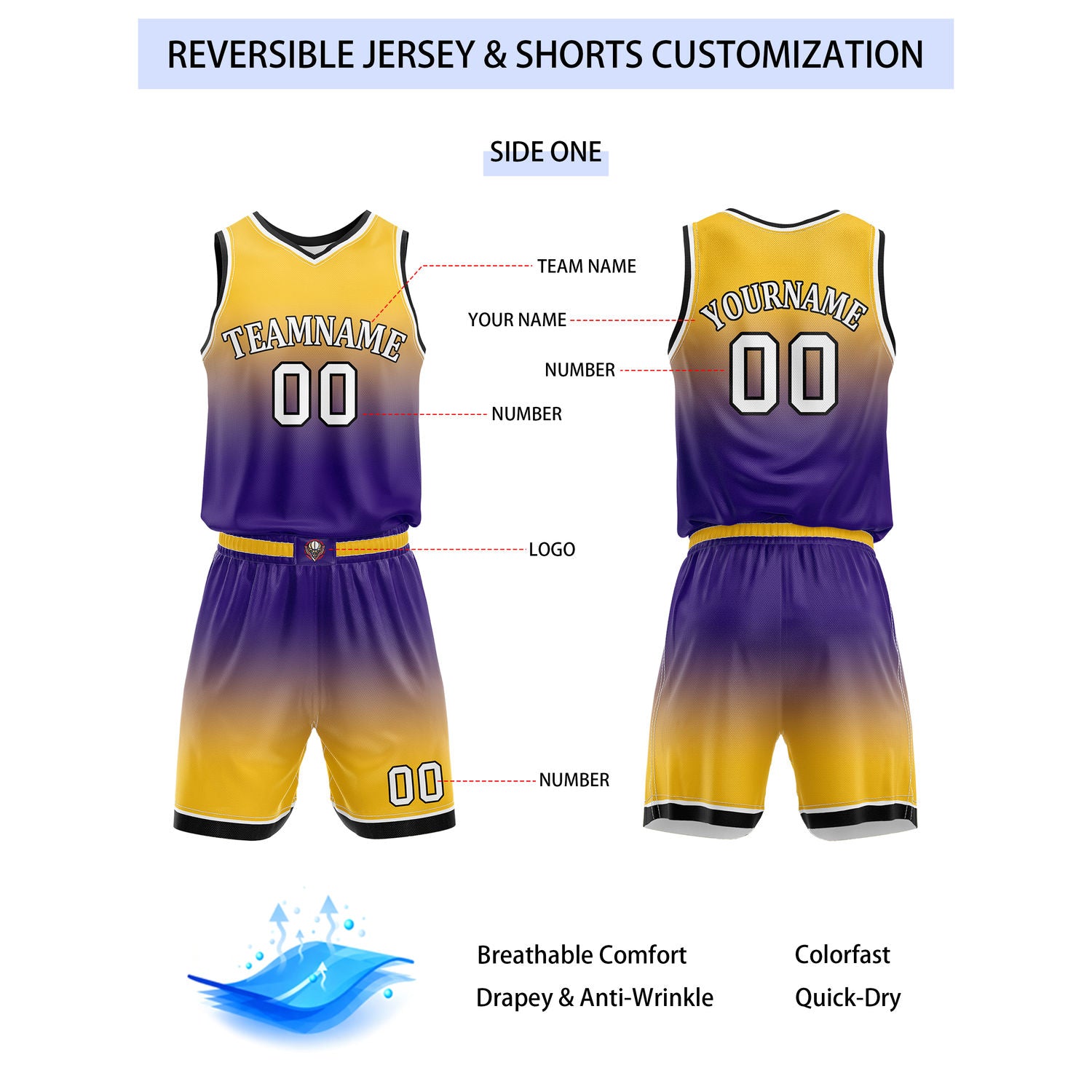 Custom Reversible Yellow Purple White Gradient Basketball Uniform Set | Team & Player Name - Vosoli