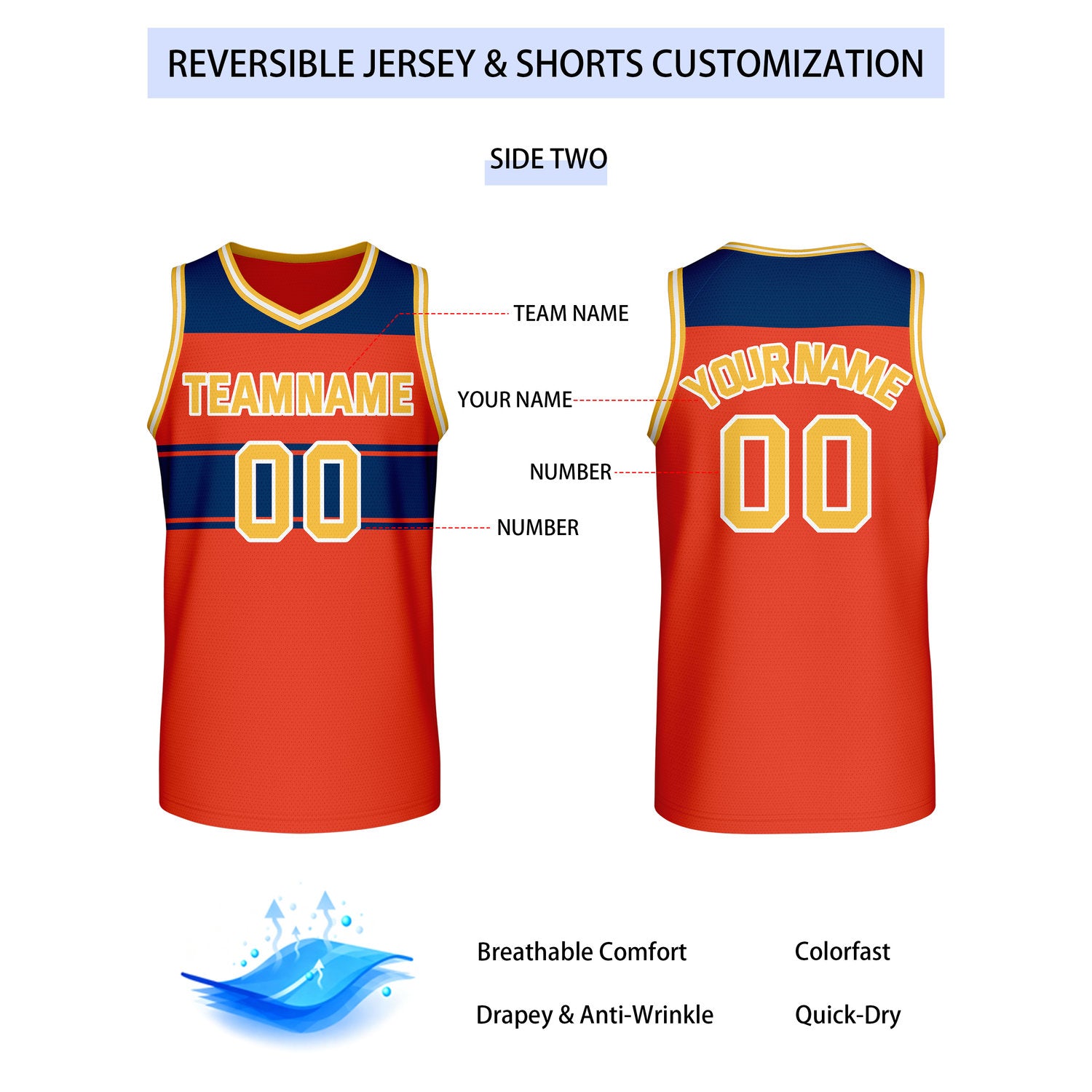 Custom Reversible Yellow Red Navy Block Basketball Jersey | Team & Player Name - Vosoli