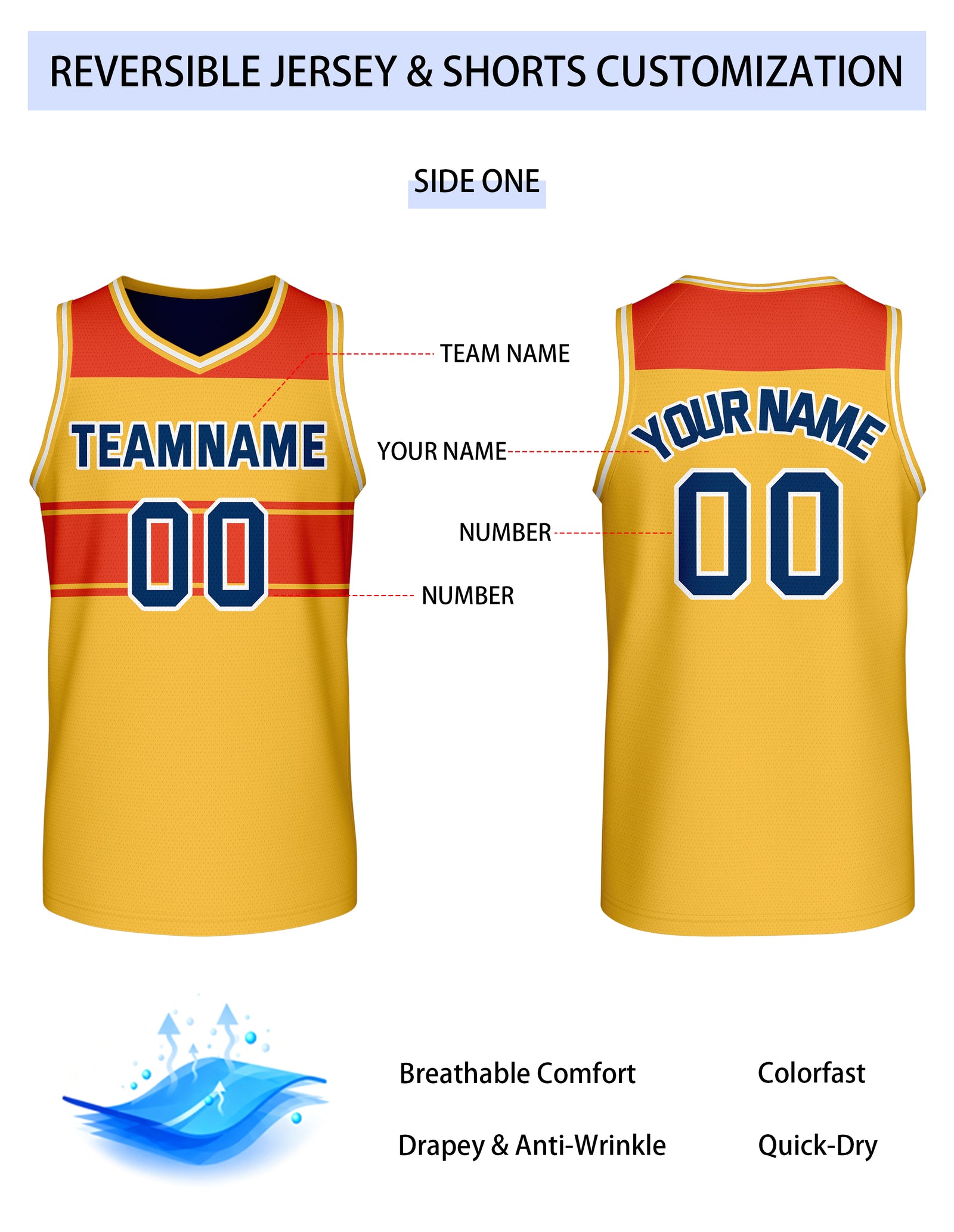 Custom Reversible Yellow Red Navy Block Basketball Jersey | Team & Player Name - Vosoli