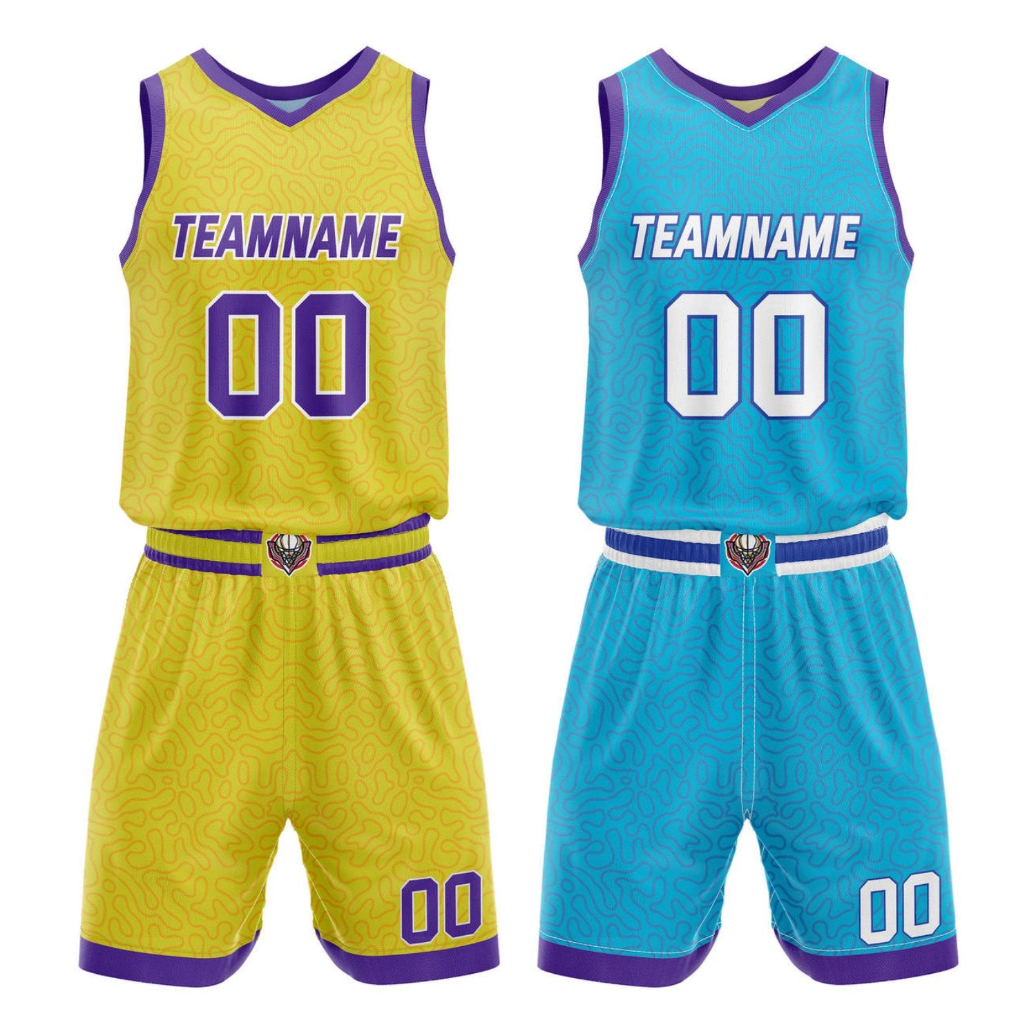 Custom Reversible Basketball Jersey + Shorts Set (Yellow & Teal & Purple Pattern) - Personalized Team Name, Number & LOGO | Vosoli