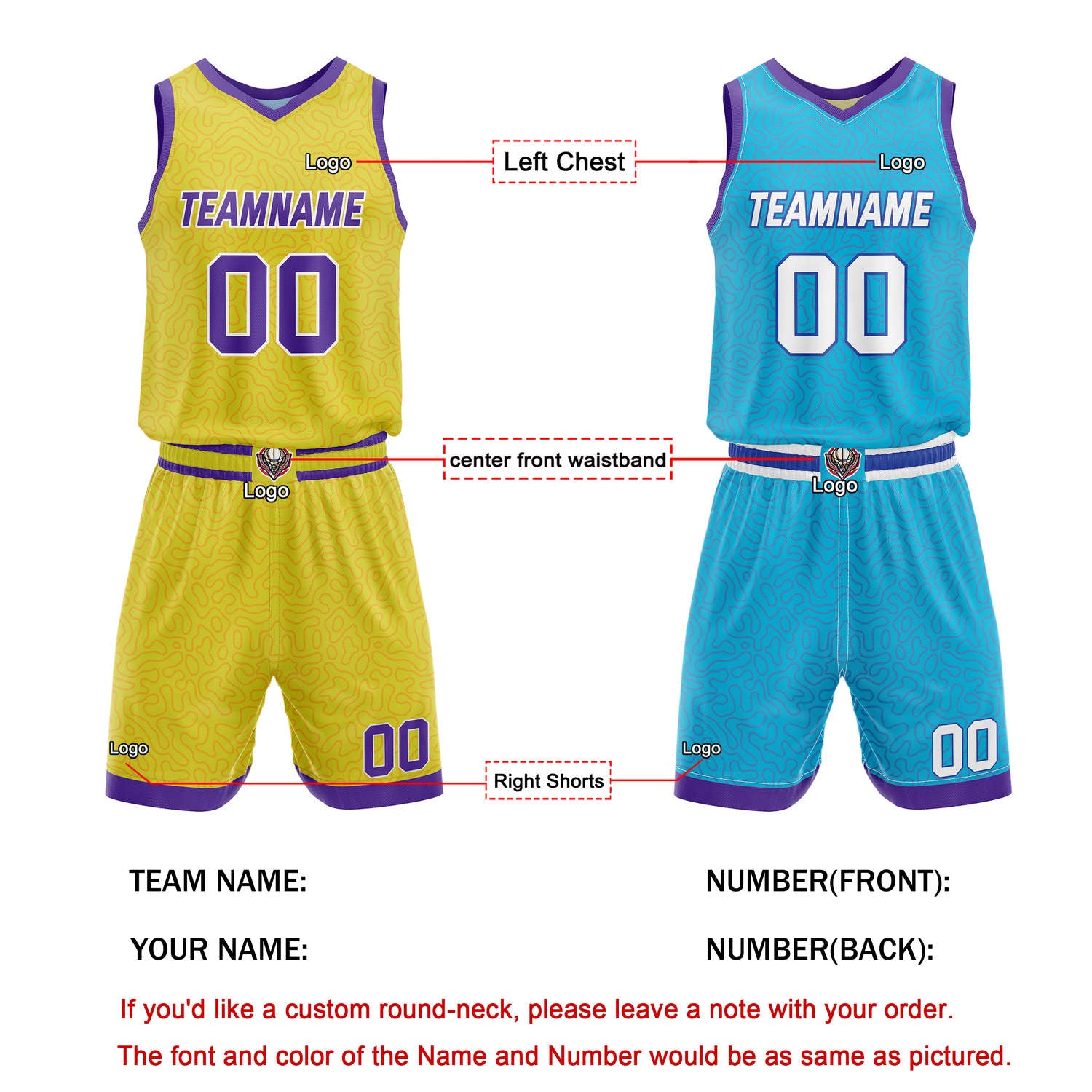 Custom Reversible Basketball Jersey + Shorts Set (Yellow & Teal & Purple Pattern) - Personalized Team Name, Number & LOGO | Vosoli