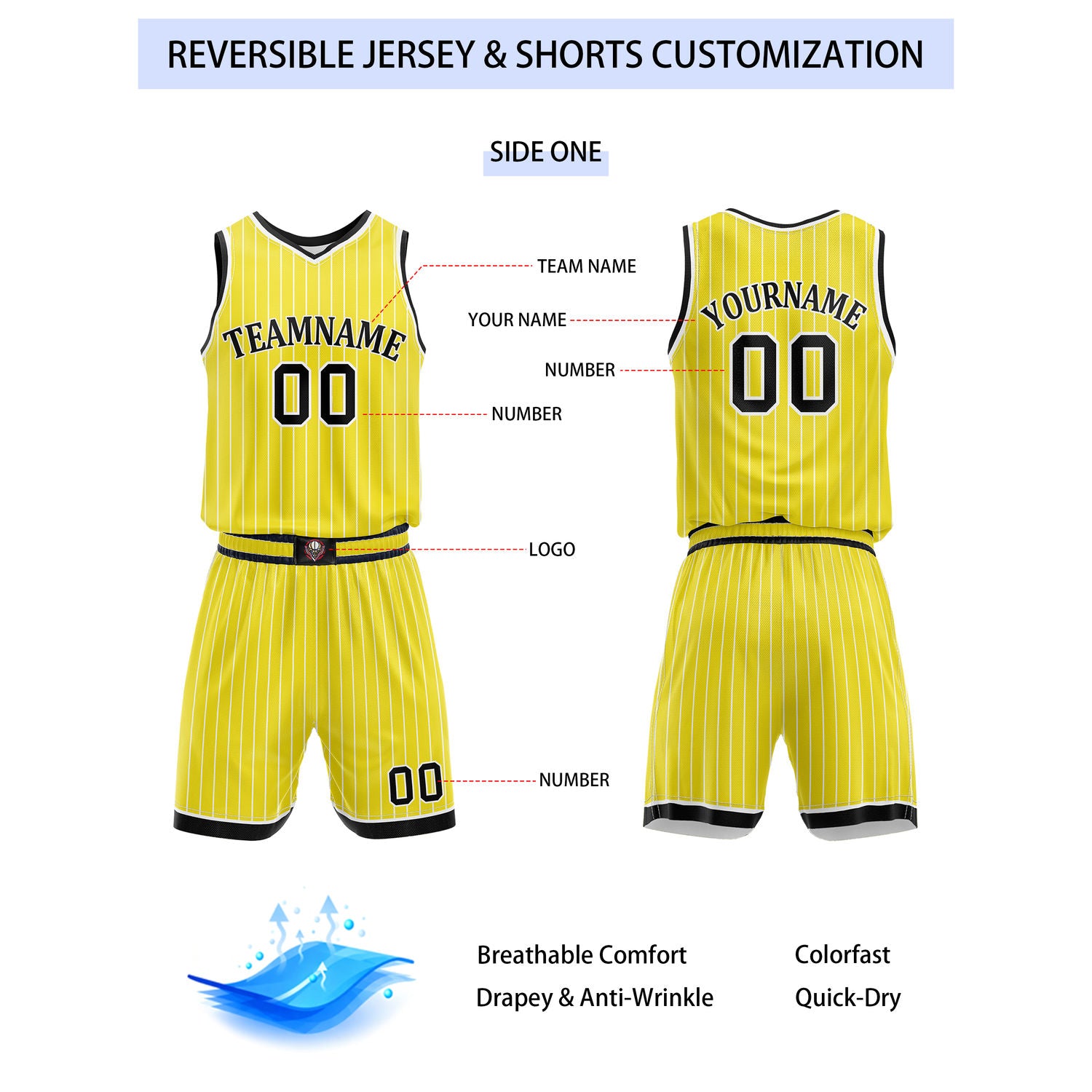 Custom Reversible Yellow White Striped Basketball Uniform Set | Team & Player Name - Vosoli
