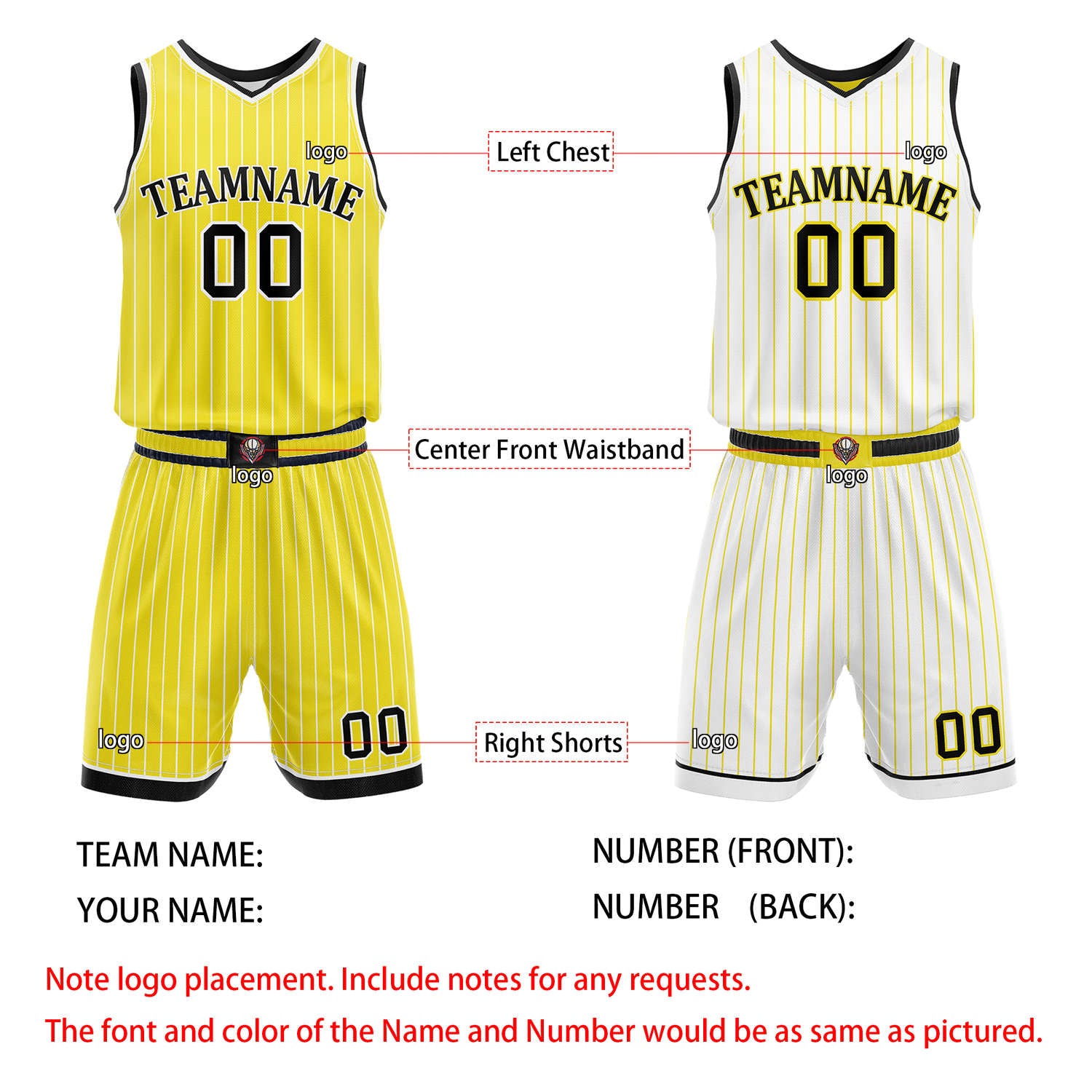 Custom Reversible Yellow White Striped Basketball Uniform Set | Team & Player Name - Vosoli