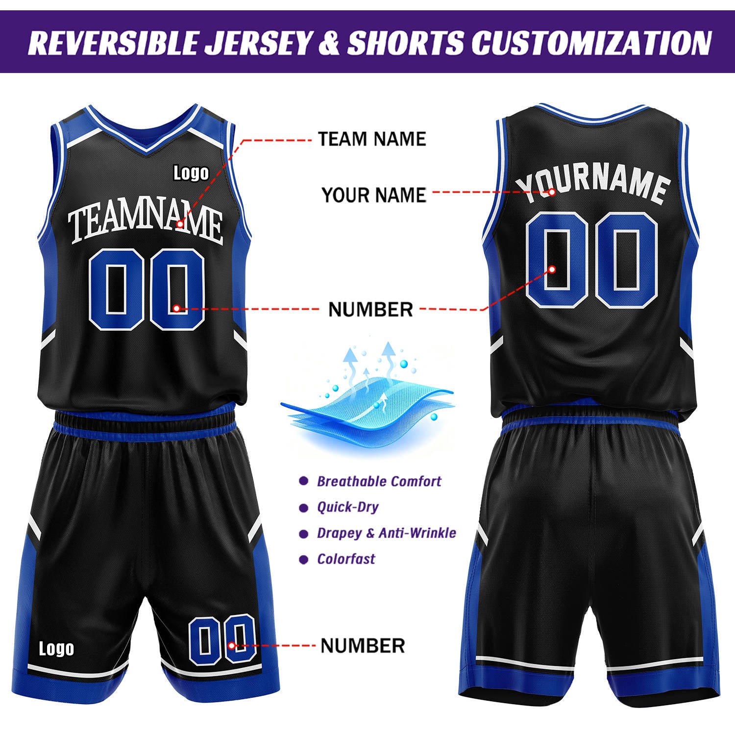 Custom Reversible Basketball Uniform Set | Royal Blue & Black V-Neck Sleeveless Jersey & Athletic Shorts