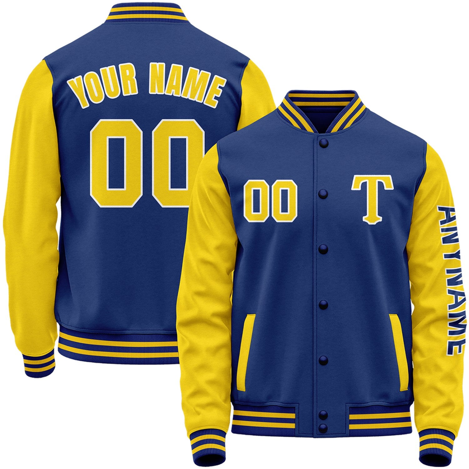Custom royal blue and yellow personalized baseball varsity jacket by Vosoli with stitched name, number and logo. Classic varsity jacket for baseball and casual wear.