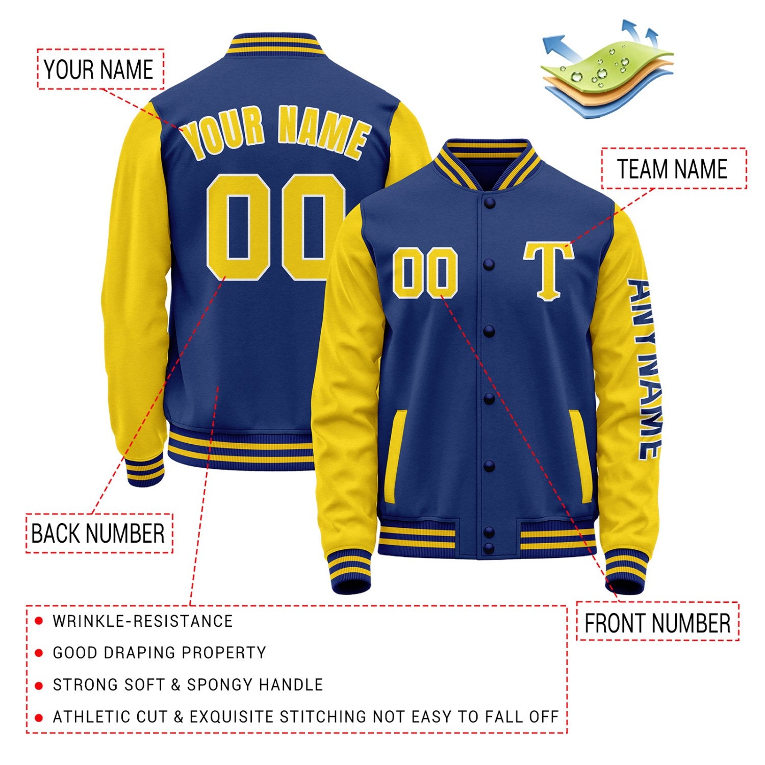Custom Royal Blue & Gold Varsity Letterman Jacket | Personalized Baseball Bomber Coat for Adult & Youth