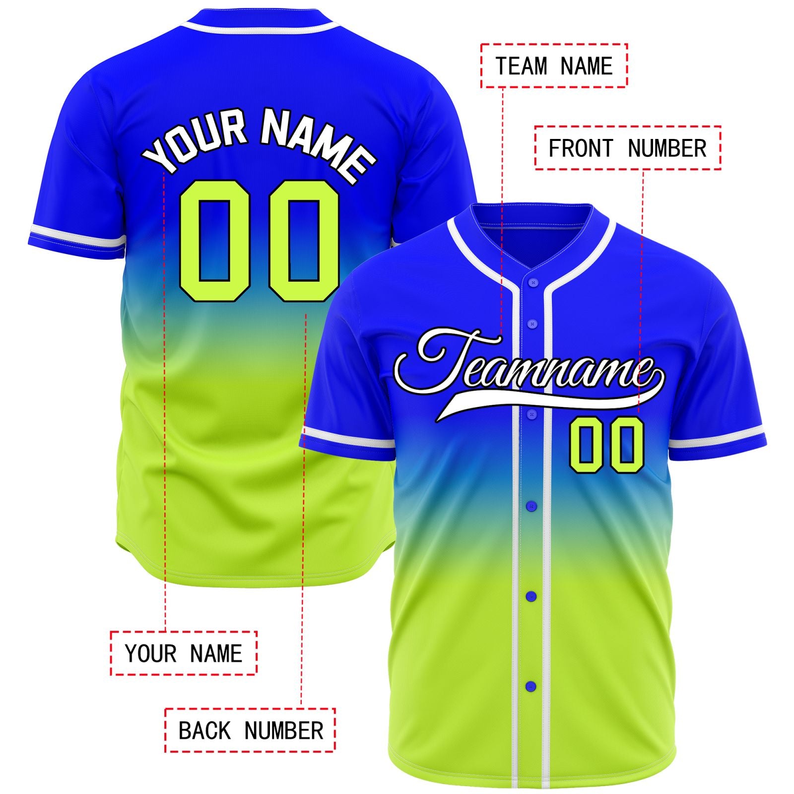 Custom Royal Blue and Lime Green Gradient Baseball Jersey - High-Visibility Team Uniform