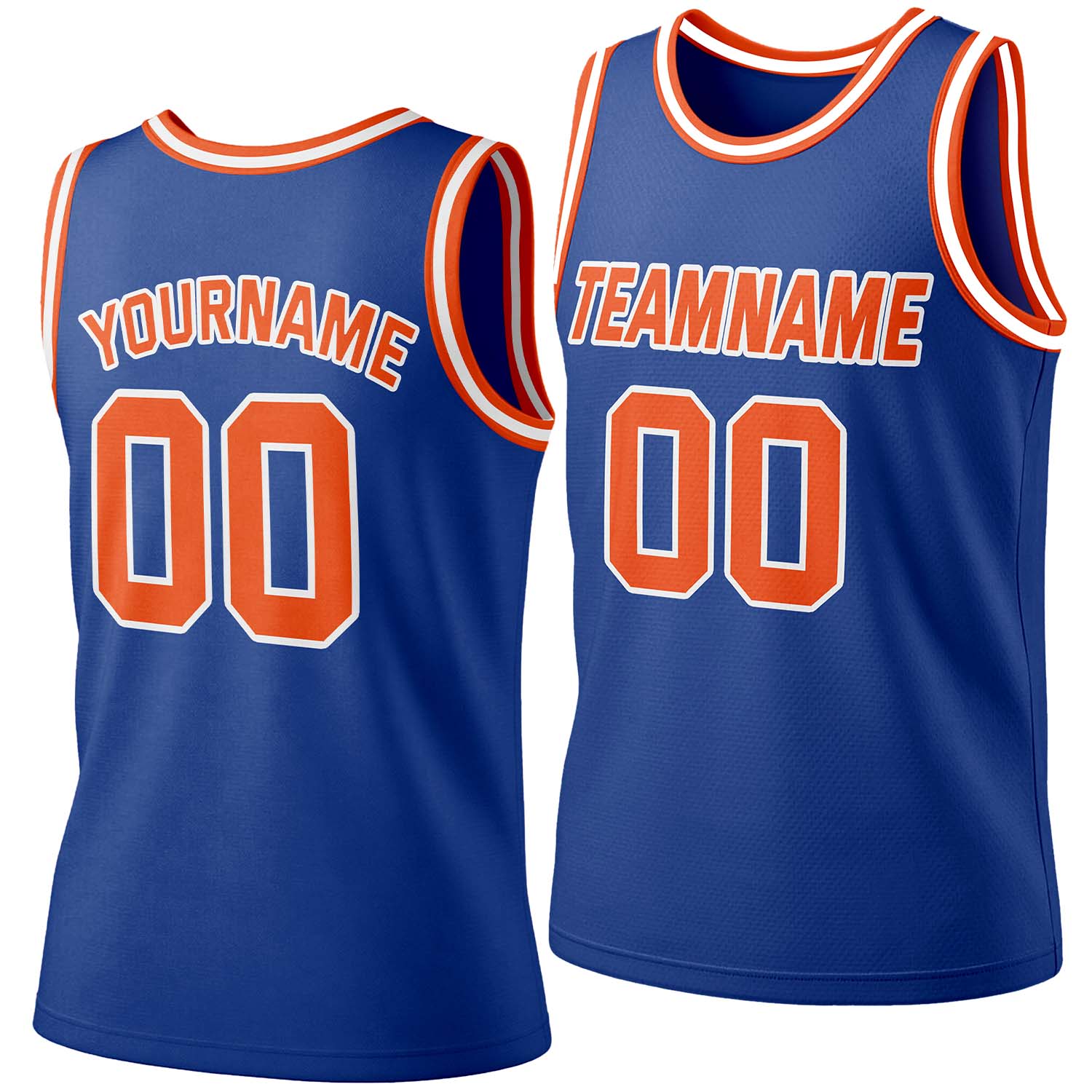 Custom royal-blue-orange mesh basketball jersey by Vosoli | Personalized name & number team uniform for youth & adults