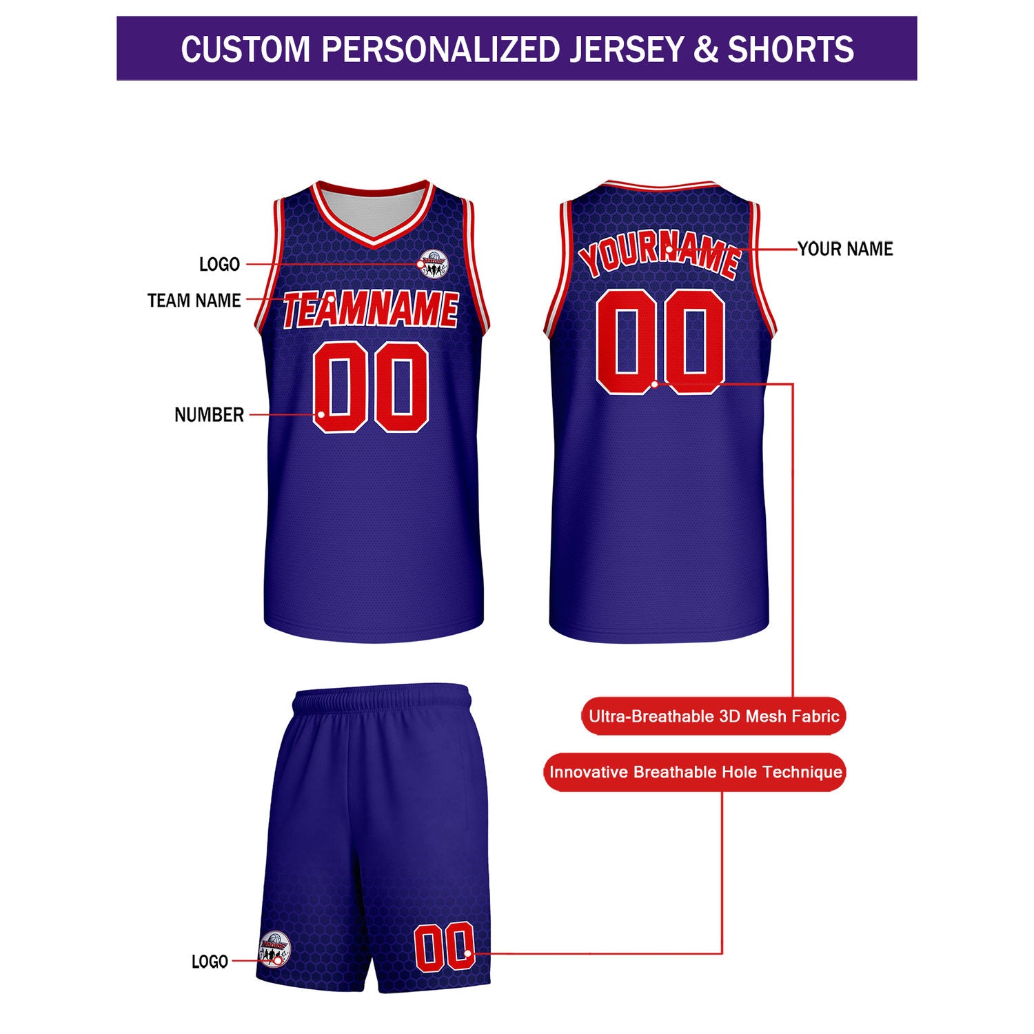 Custom Royal Blue & Red Honeycomb Basketball Uniform Set | Personalized Team Name & Number - Vosoli