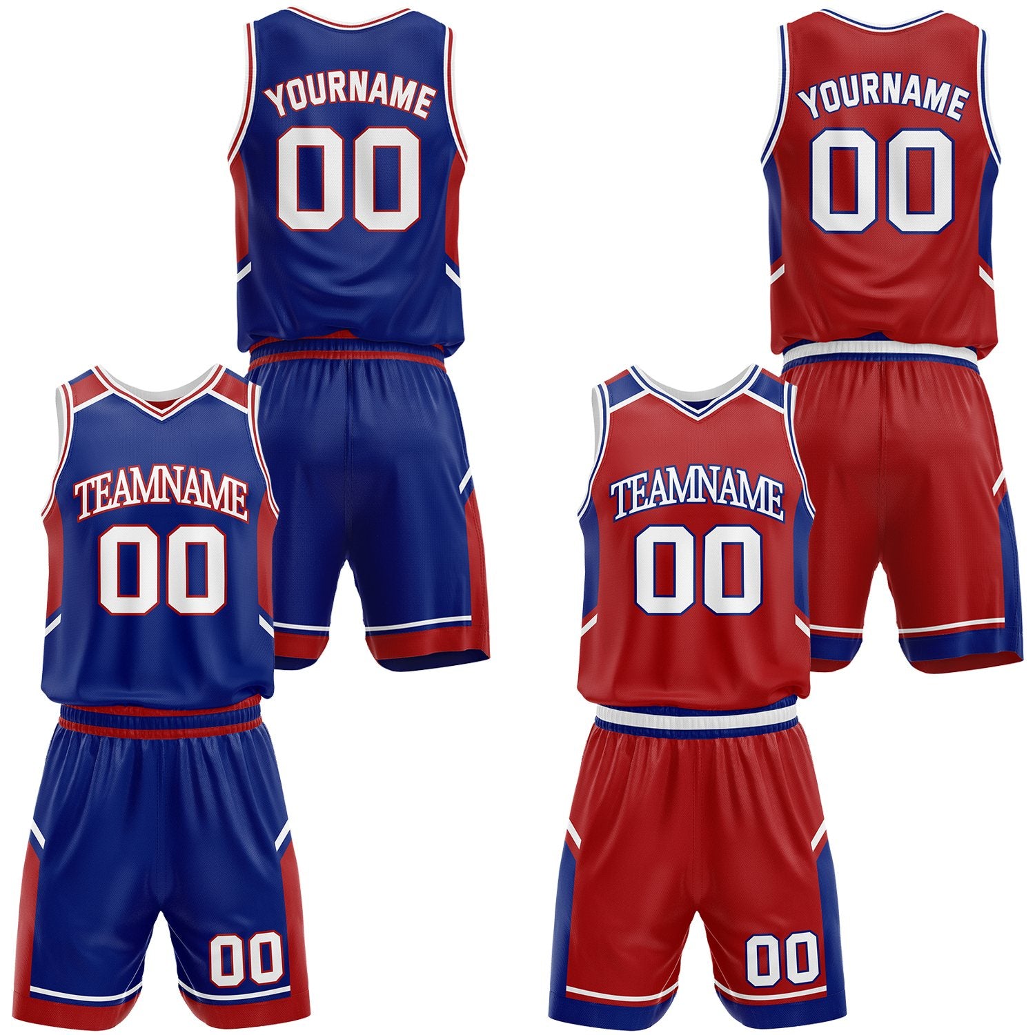 Custom royal blue and red school basketball uniform set, personalized name, number and logo, breathable mesh for youth & adult.