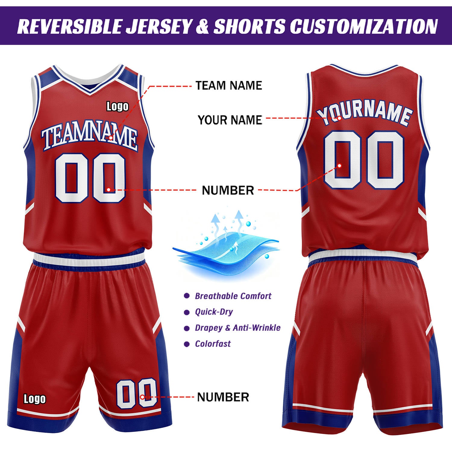 Custom Reversible Basketball Uniform Set | Royal Blue & Red V-Neck Sleeveless Jersey & Athletic Shorts