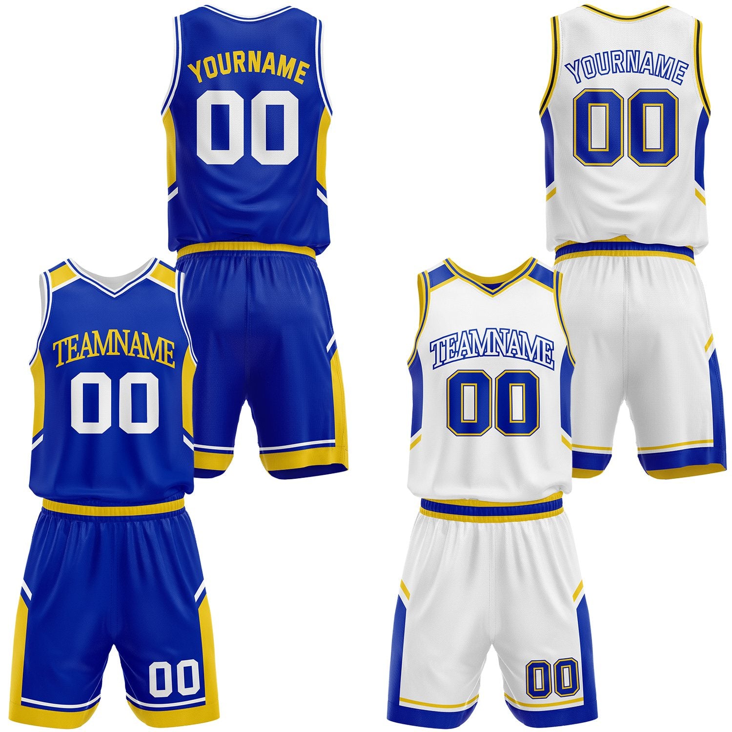 Custom royal blue and white basketball jersey set, personalized name, number and logo, breathable mesh for youth & adult.