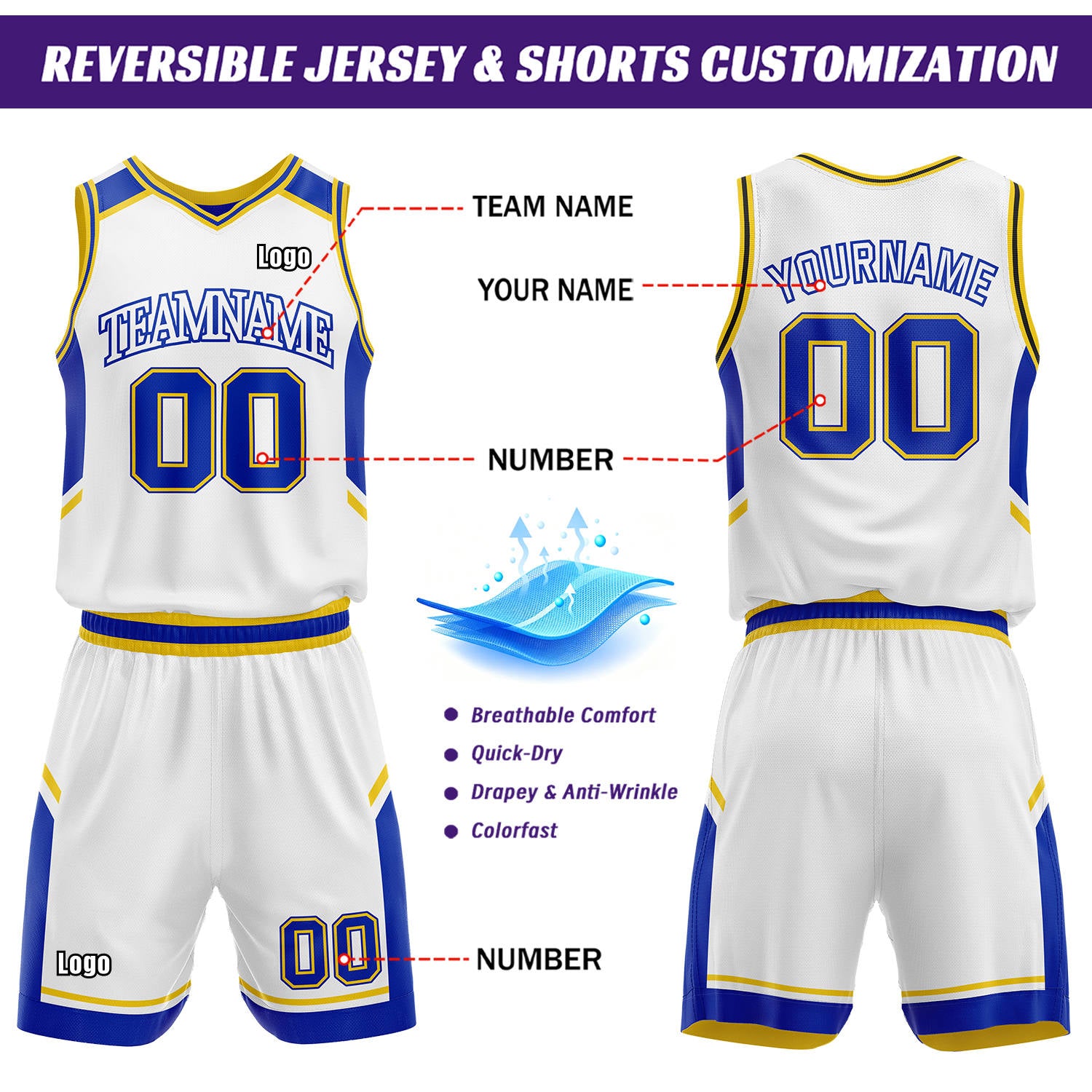 Custom Reversible Basketball Uniform Set | Royal Blue & White V-Neck Sleeveless Jersey & Athletic Shorts