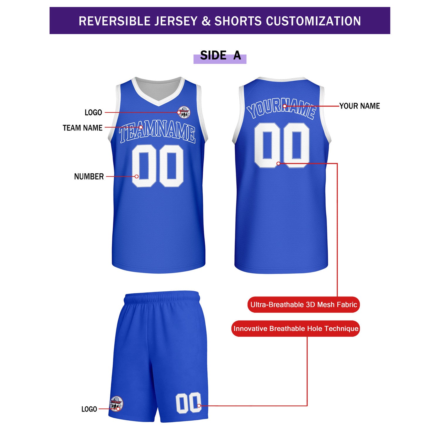 Custom Royal Blue & White Reversible Basketball Uniform Set | Personalized Team Name & Number - Vosoli