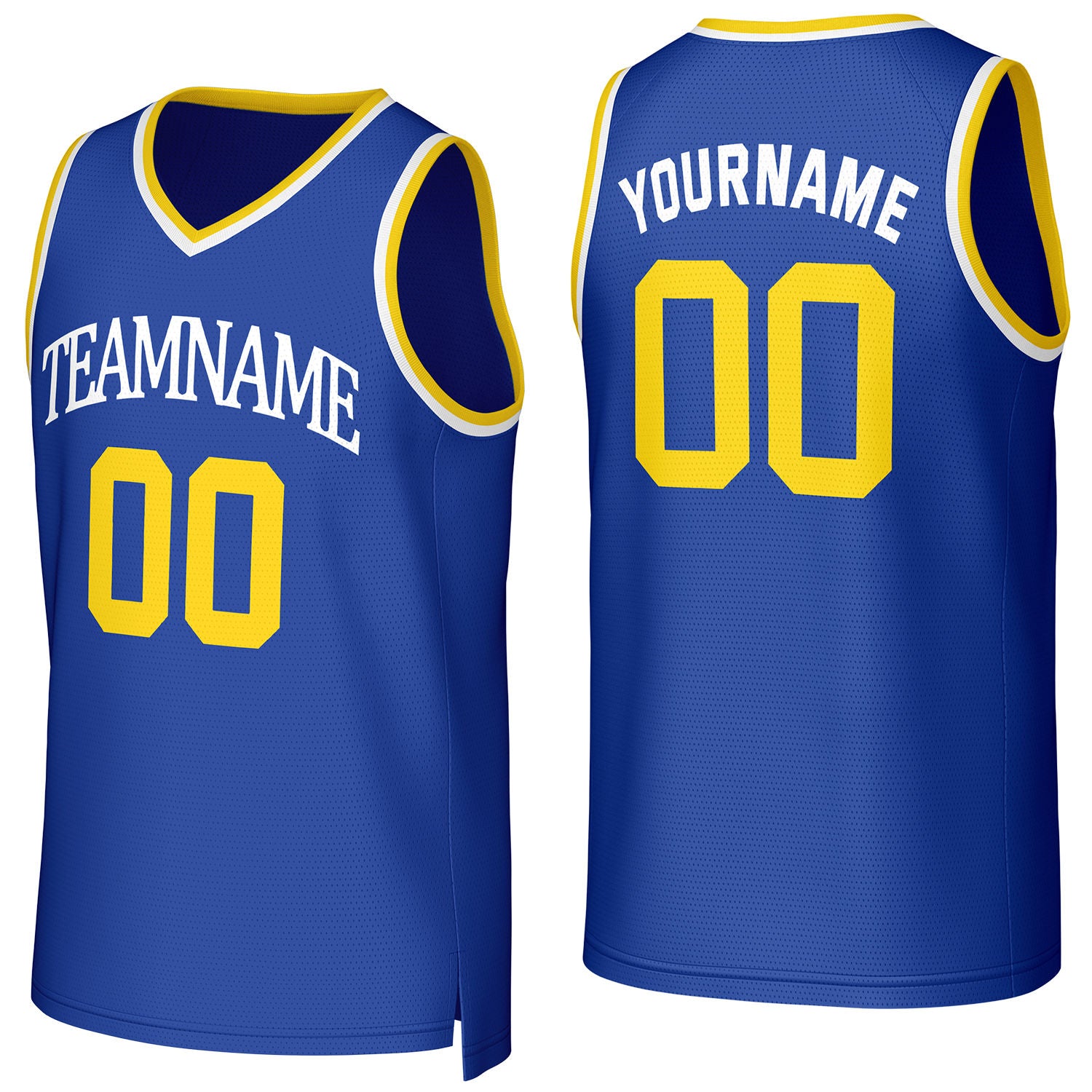 Custom royal blue-yellow V-neck mesh basketball jersey by Vosoli | Personalized name & number team uniform for youth & adults