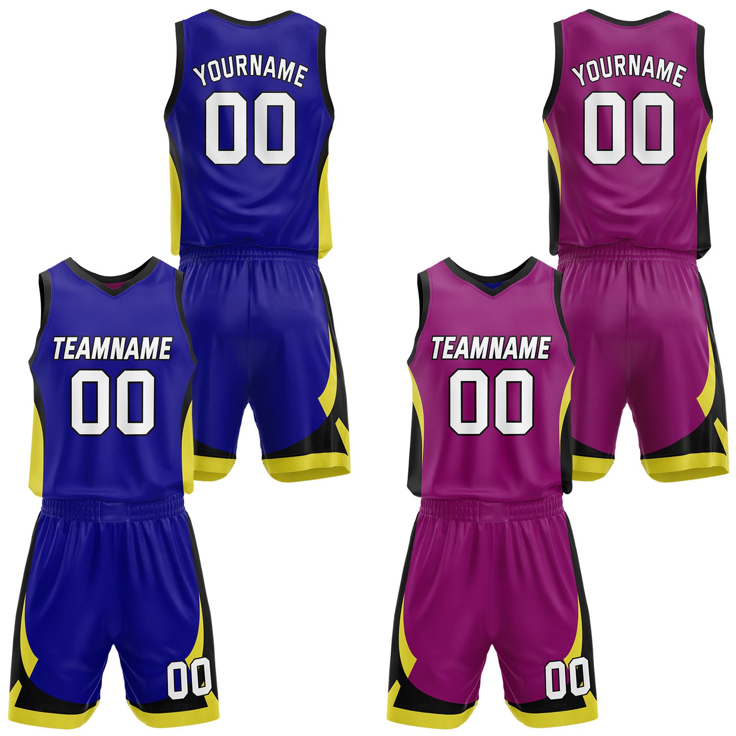 Custom royal blue & fuchsia reversible basketball jersey set with shorts by Vosoli | Personalized team name, number & logo | Breathable mesh sport jersey uniform