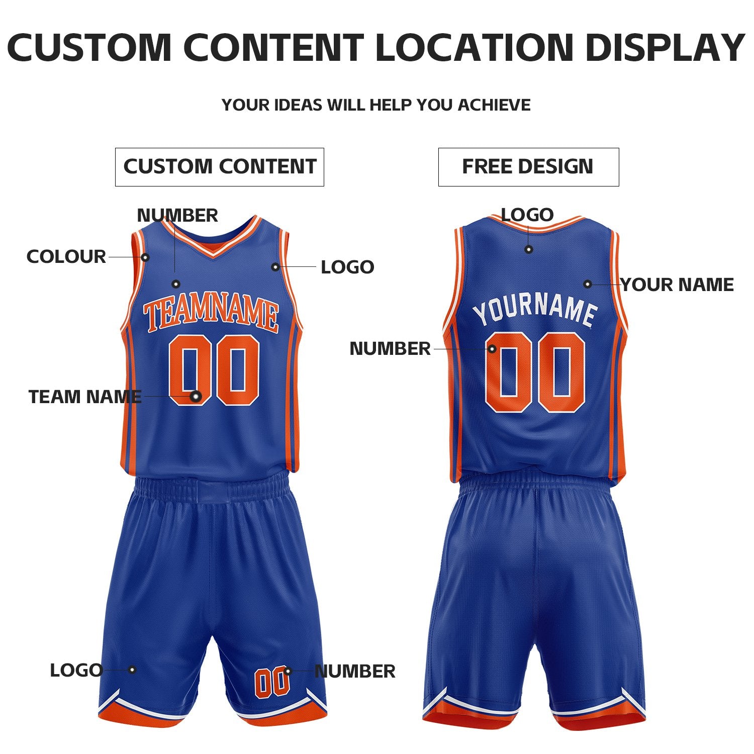 Custom Royal Blue & Orange Reversible Basketball Jersey Shorts Set | Personalized Full Vintage Team Uniform