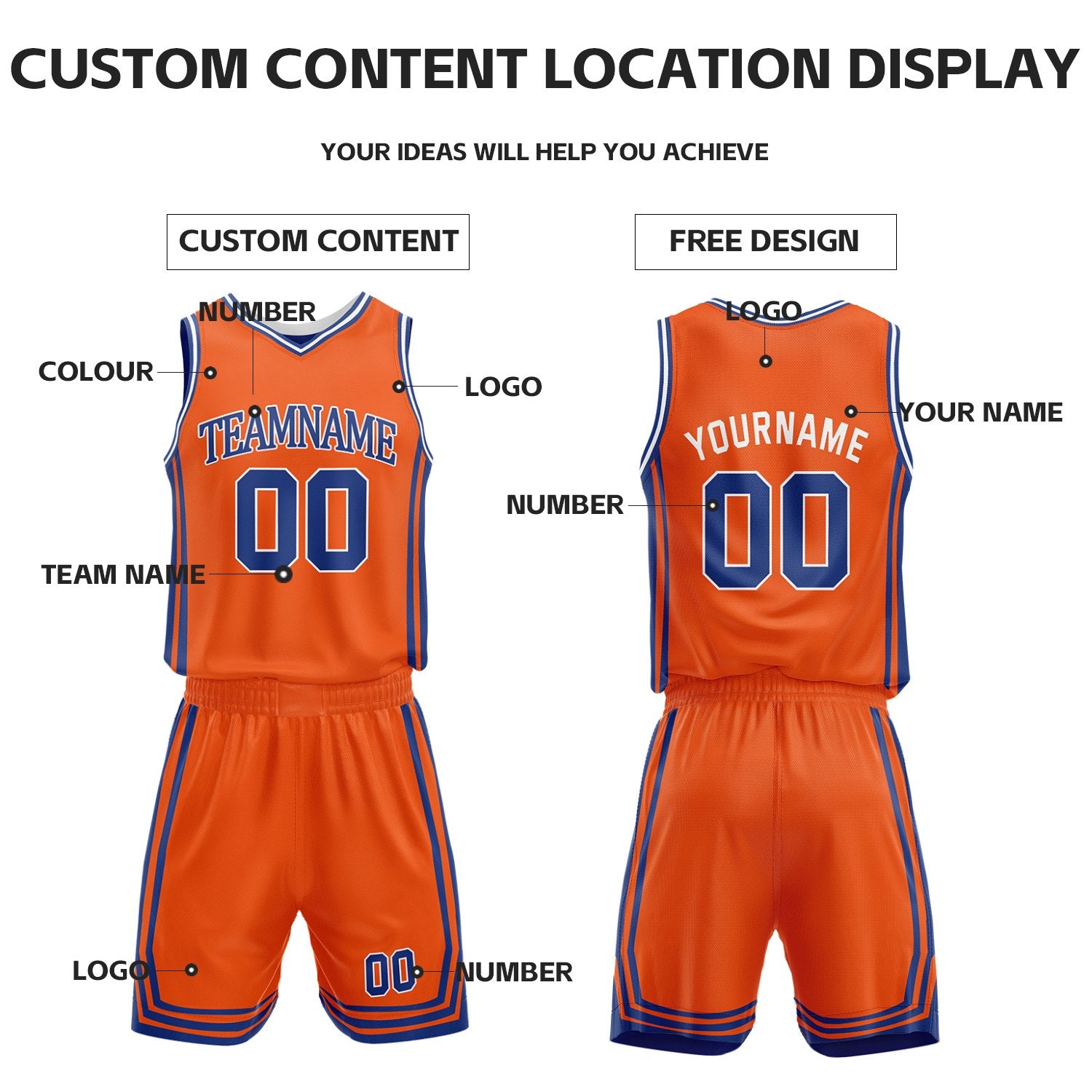 Custom Royal Blue & Orange Reversible Basketball Jersey Shorts Set | Personalized Full Vintage Team Uniform