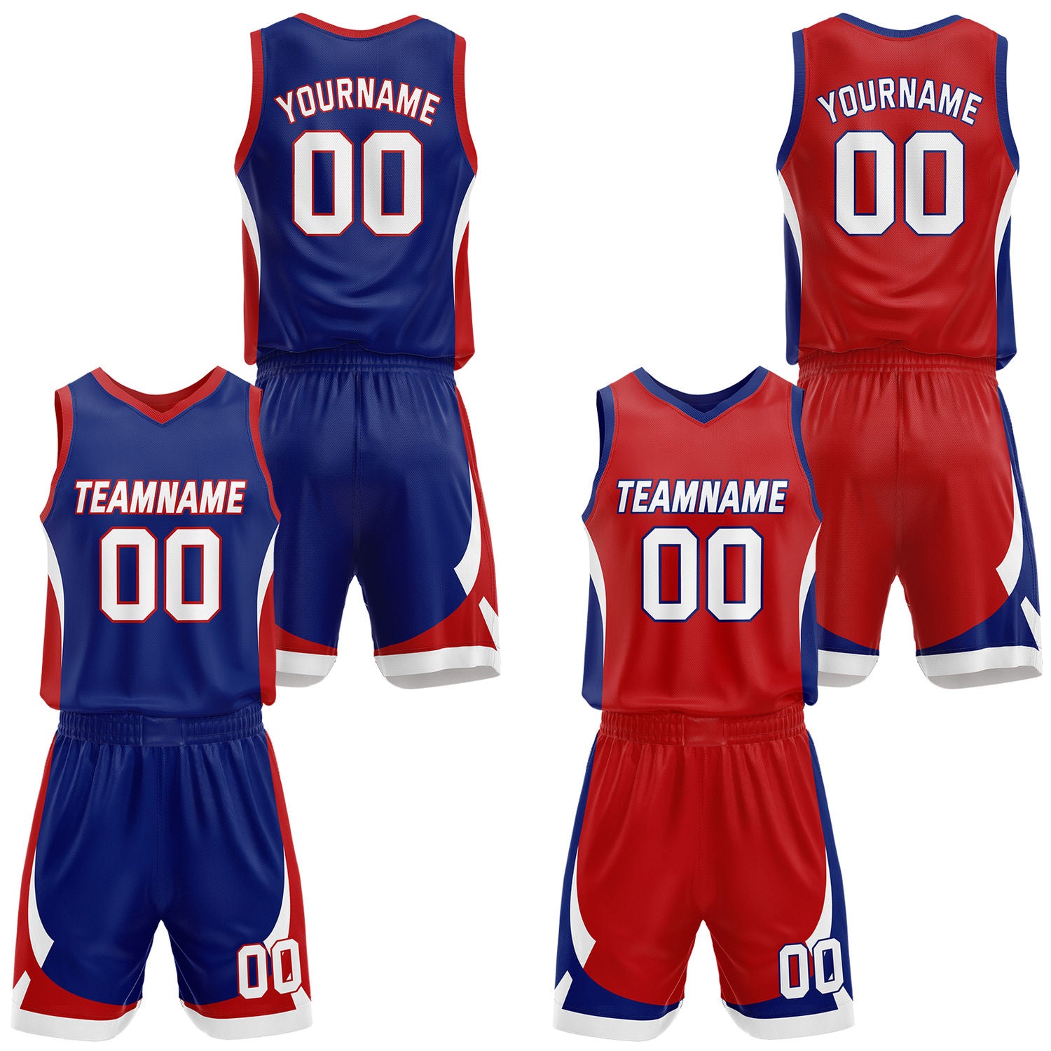 Custom royal blue & red reversible basketball jersey set with shorts by Vosoli | Personalized team name, number & logo | Breathable mesh sport jersey uniform
