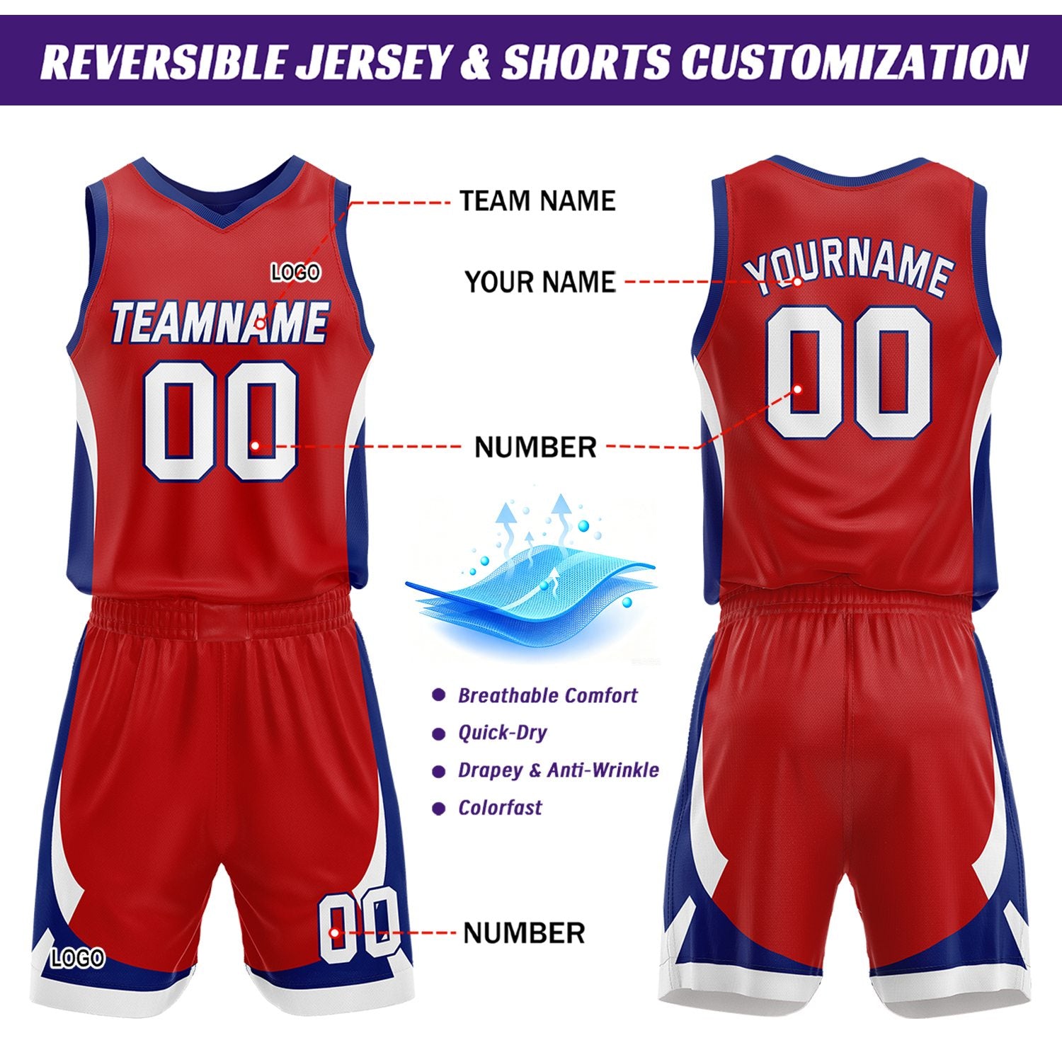 Custom Royal Blue Red Reversible Basketball Jersey Set | Personalized Name Number Mesh Sports Uniform