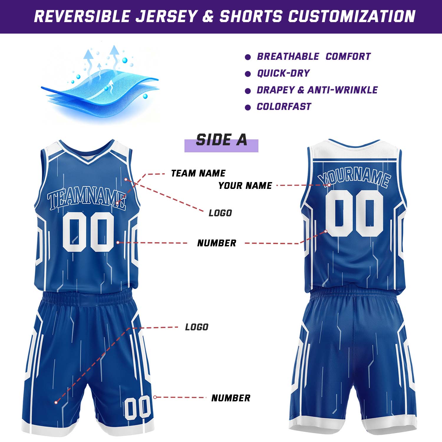 Custom Royal Blue & White Reversible Geometric Basketball Jersey Shorts Set | Personalized Team Uniform