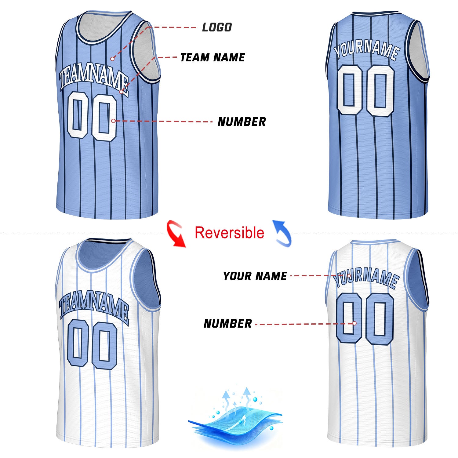 Custom Striped Reversible Basketball Jersey Light Blue & White Mesh Team Uniform for Adult Youth