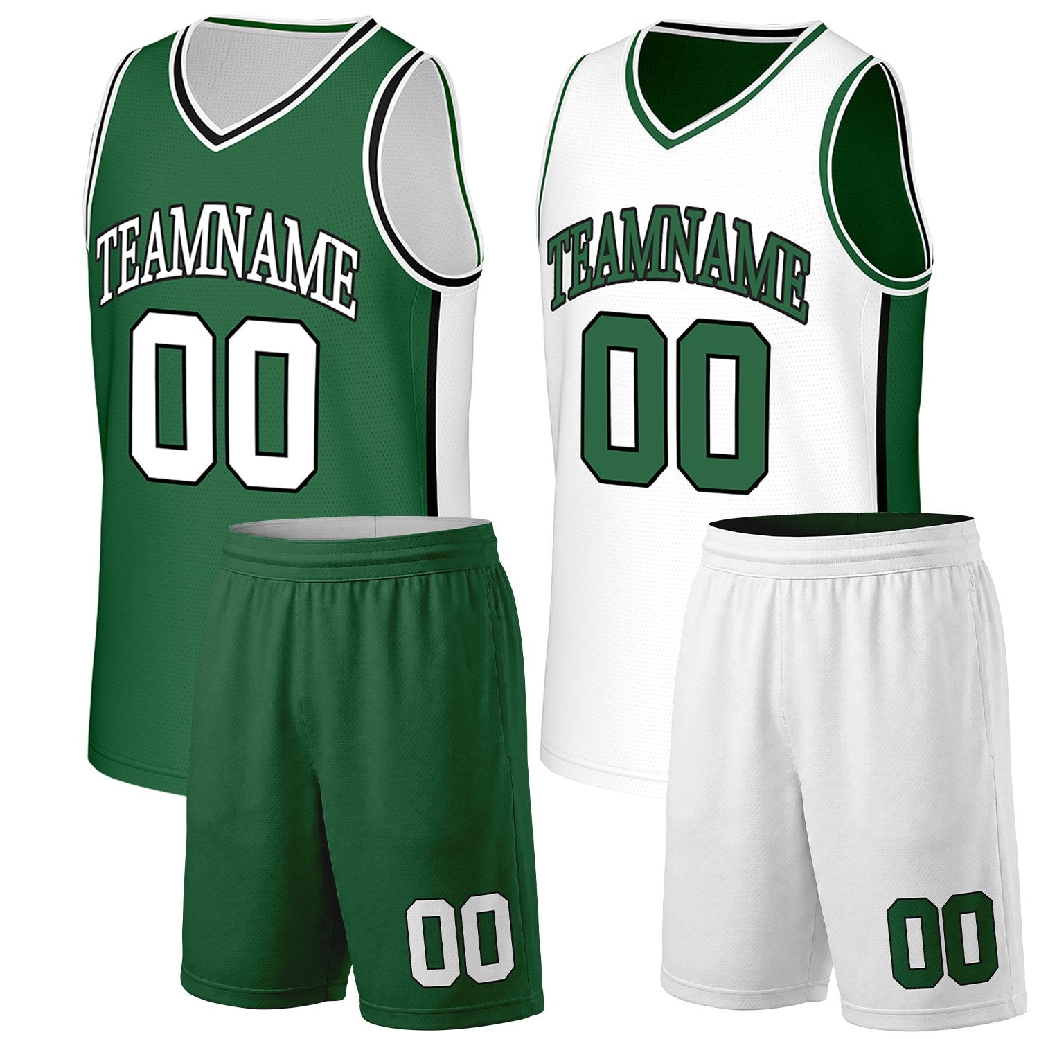 Custom school basketball uniforms green white reversible by Vosoli. Personalized team name, number & logo. Breathable mesh. Fast delivery.