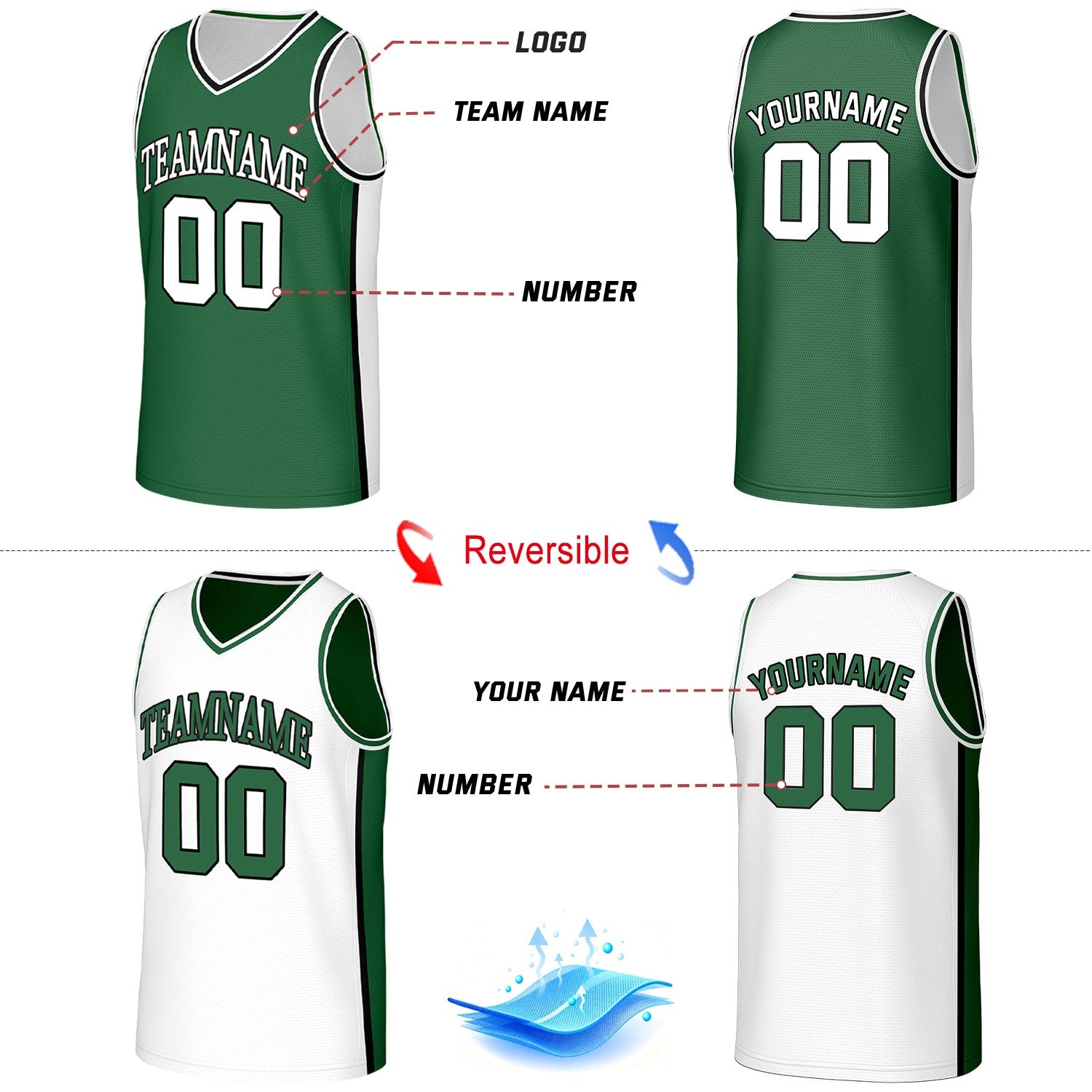 Custom Green & White Double Sided Basketball Uniform Set | Personalized Team Uniforms for Adult & Youth