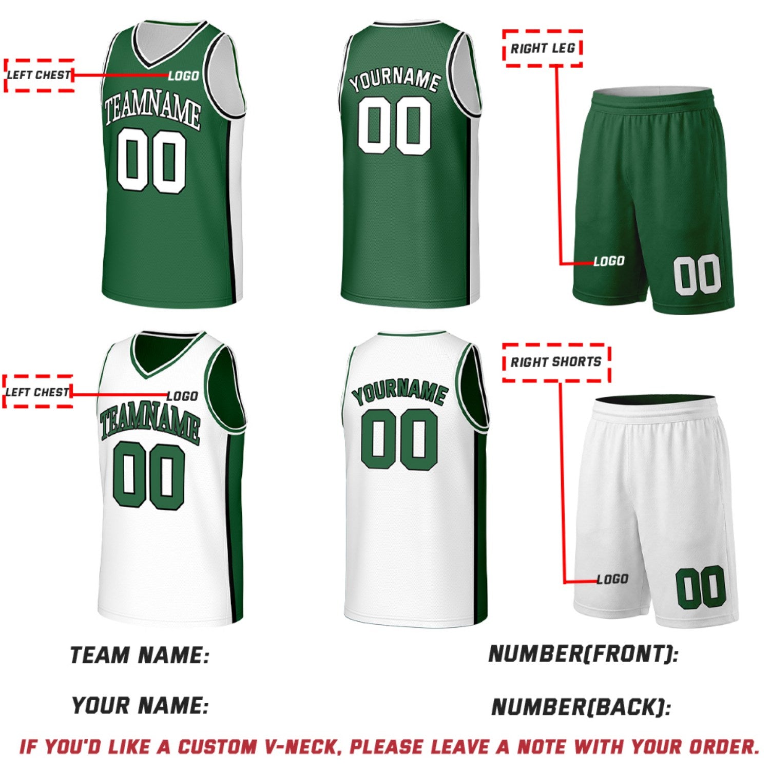 Custom Green & White Double Sided Basketball Uniform Set | Personalized Team Uniforms for Adult & Youth