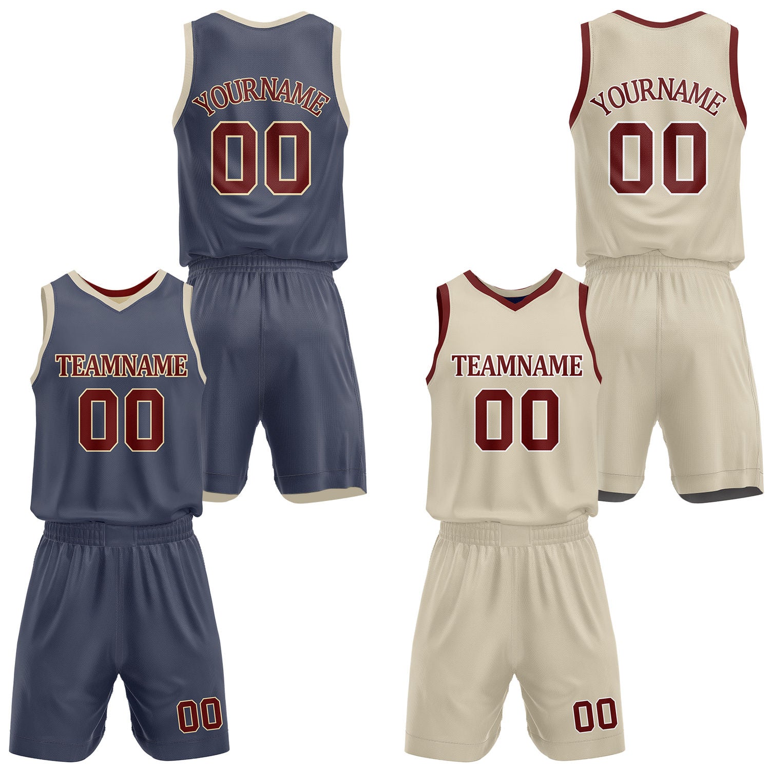 Custom slate blue & cream reversible basketball jersey shorts set by Vosoli | Personalized team name number casual uniform sportswear