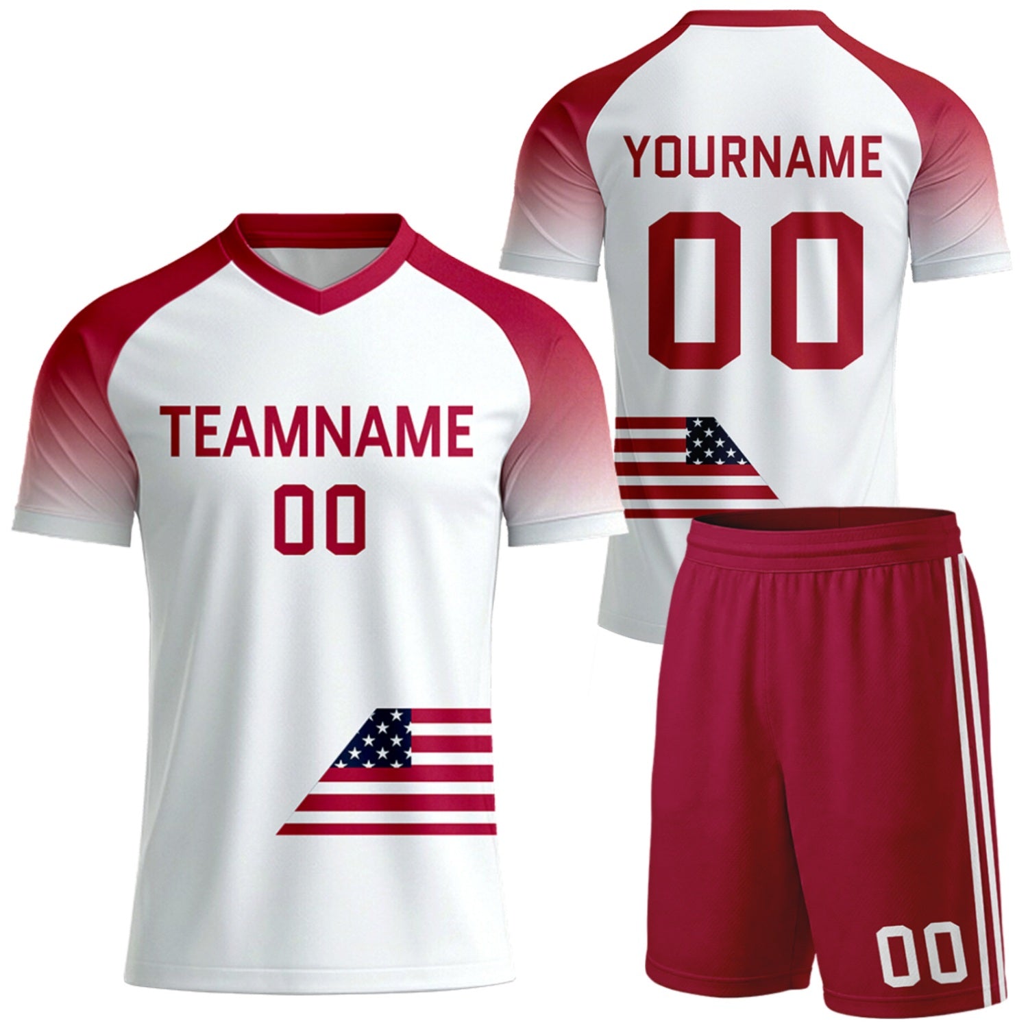 custom soccer uniform sets by Vosoli, white red gradient flag design, personalized team name, player name & number, breathable short sleeve V-neck soccer jersey with shorts for team soccer games