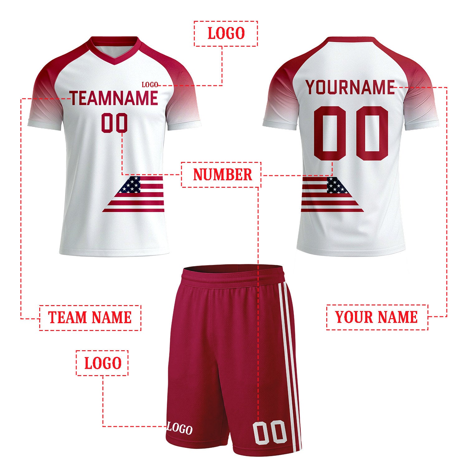 Custom White & Red Gradient Flag Soccer Uniform Set for Youth & Adult Teams