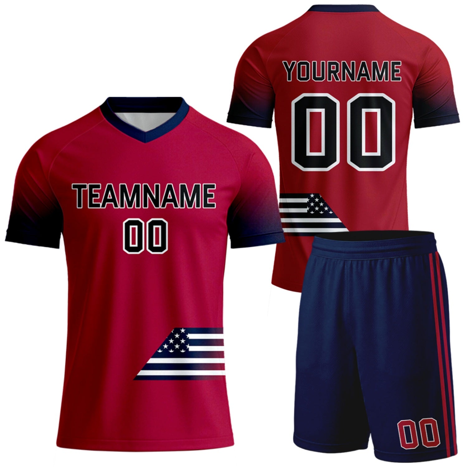 custom soccer uniforms online by Vosoli, red navy gradient flag design, personalized team name, player name & number, breathable short sleeve V-neck soccer jersey with shorts for team soccer games