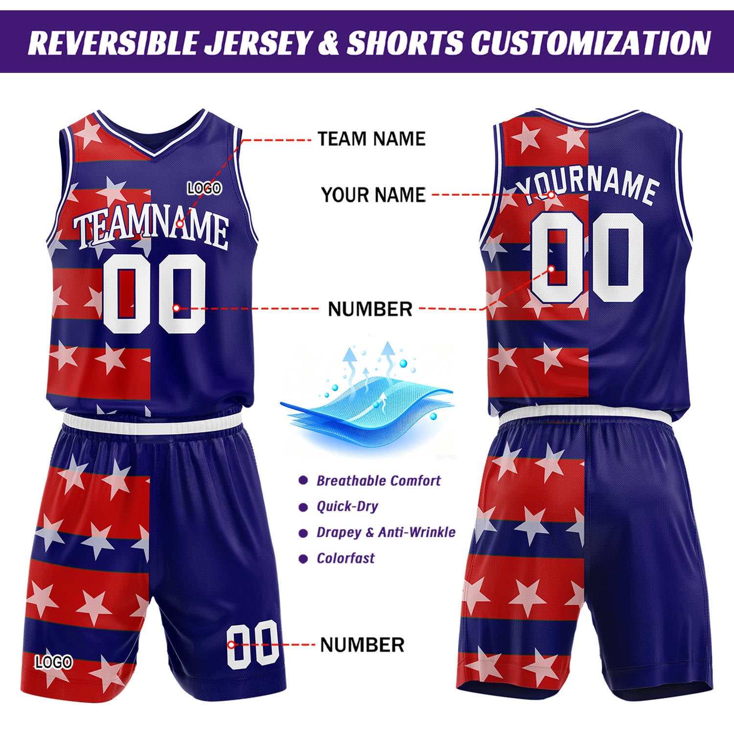 Custom Split Red & Blue Star Basketball Jersey & Shorts Set | Personalized Team Uniform