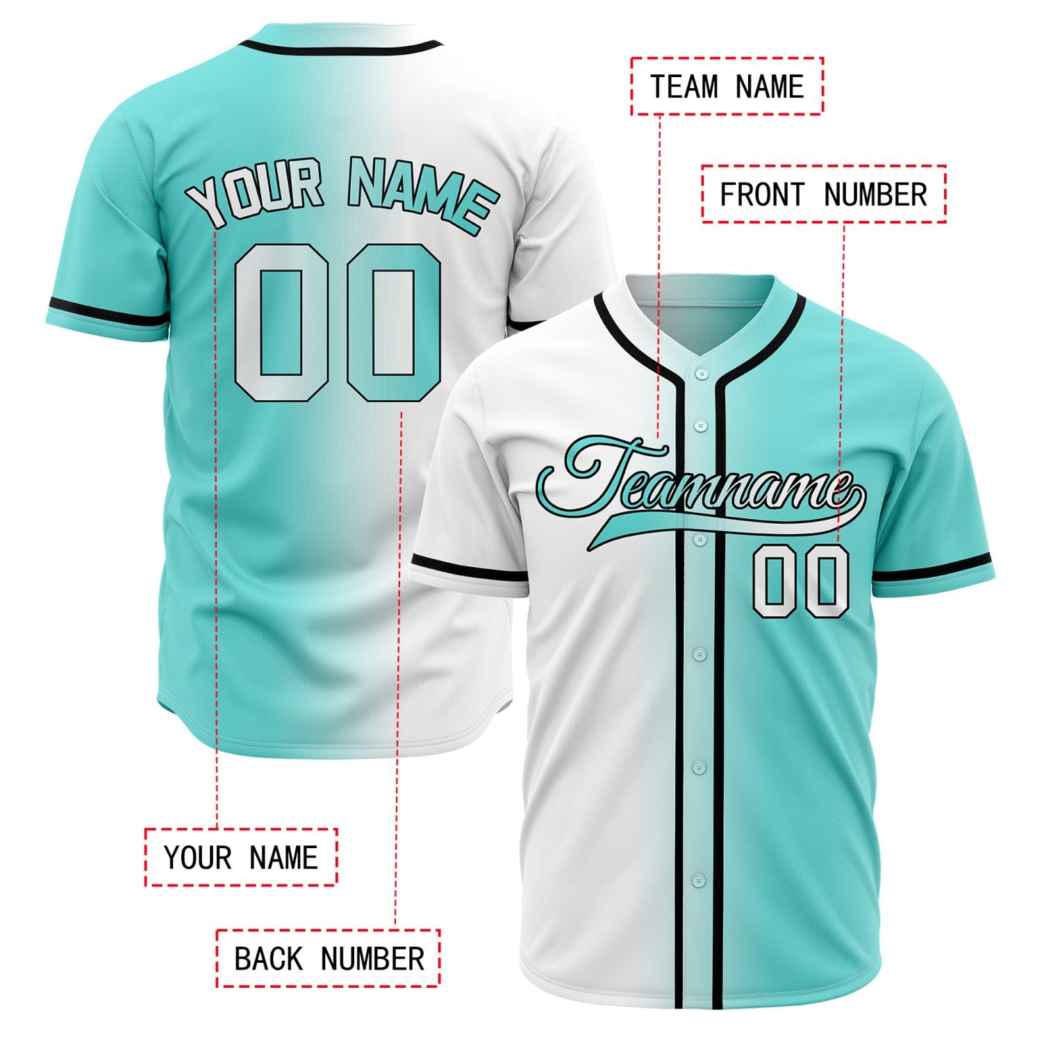 Custom Split White and Teal Baseball Jersey | Personalized Mint Green Team Uniform