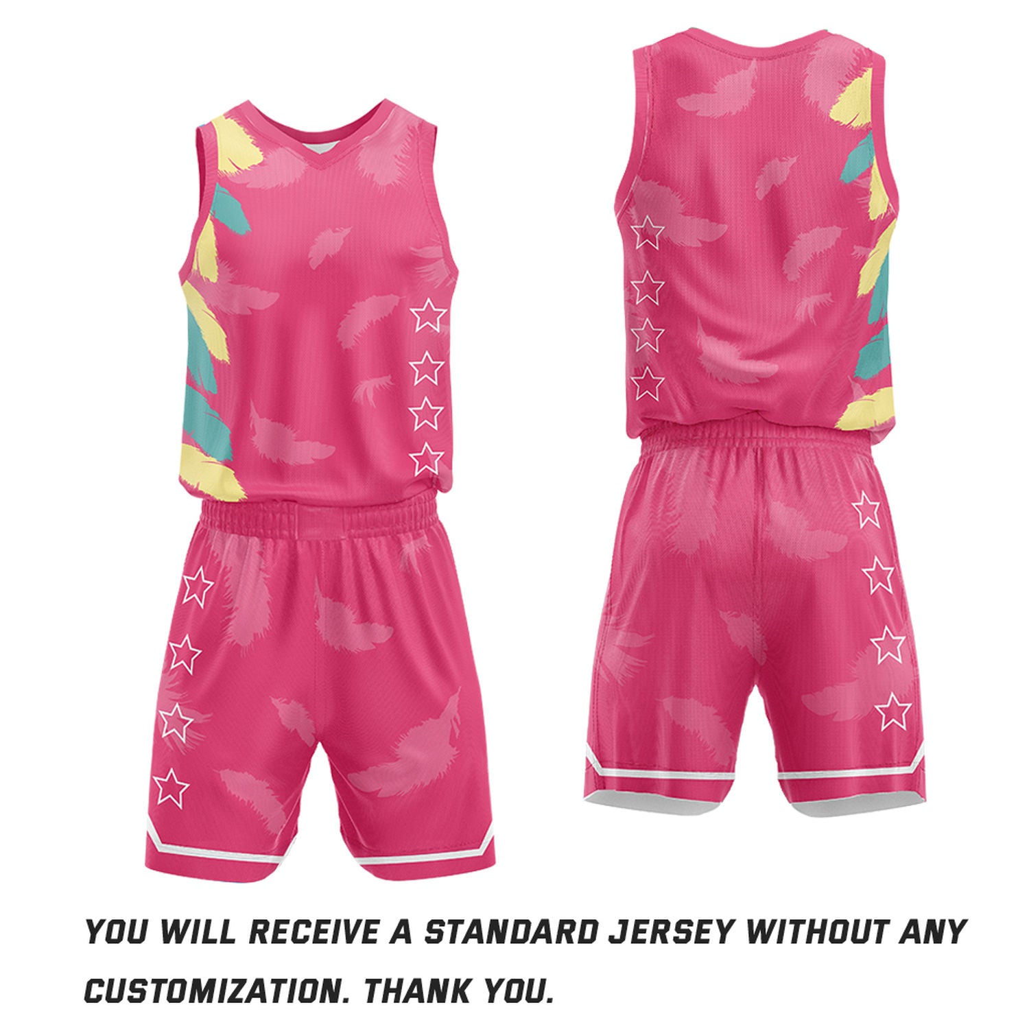 Custom Basketball Jerseys and Shorts Set | Hot Pink Feather V-Neck Sublimated Team Uniform