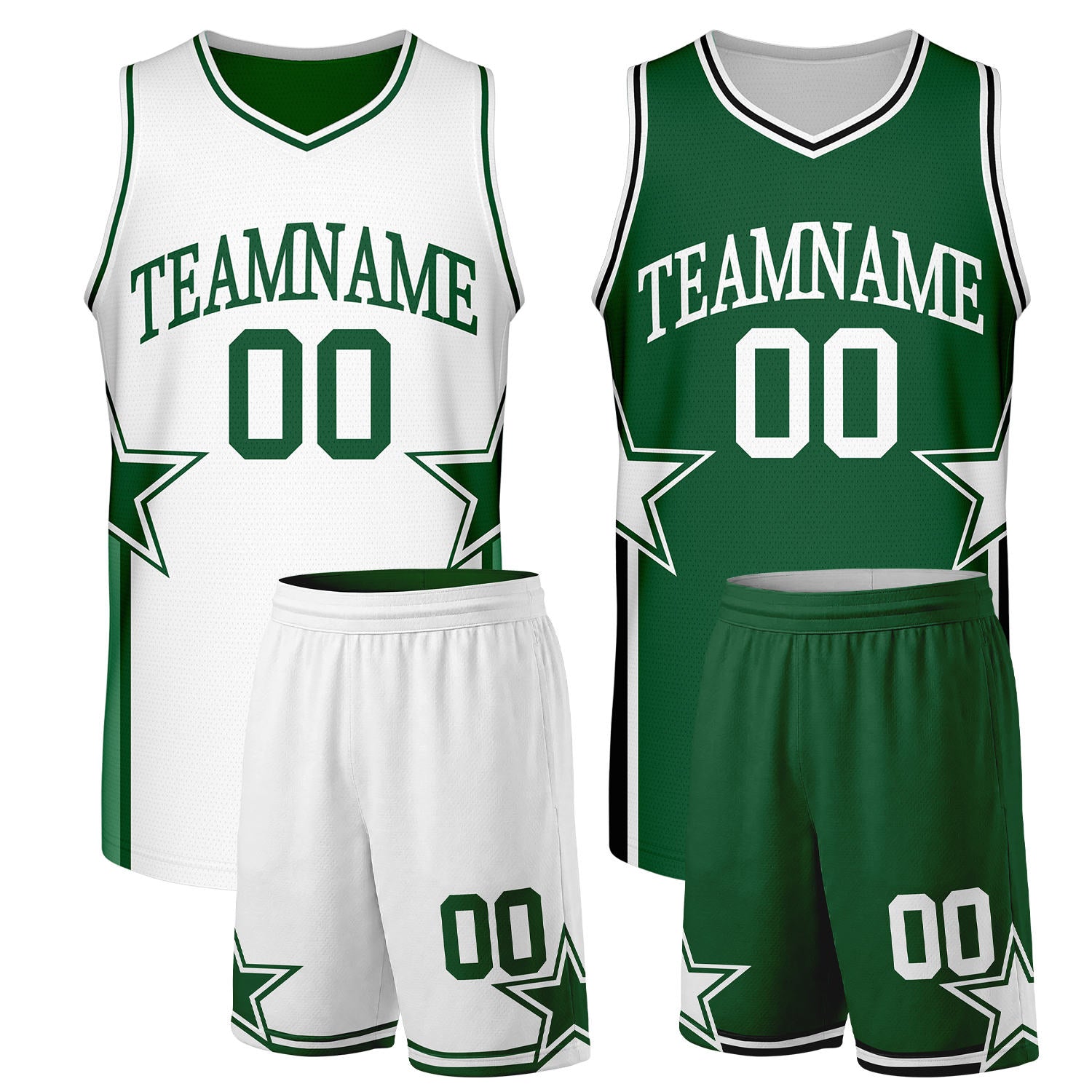 custom sportswear manufacturer basketball white green reversible by Vosoli. Personalized team name, player number & logo. Breathable mesh. Fast delivery.