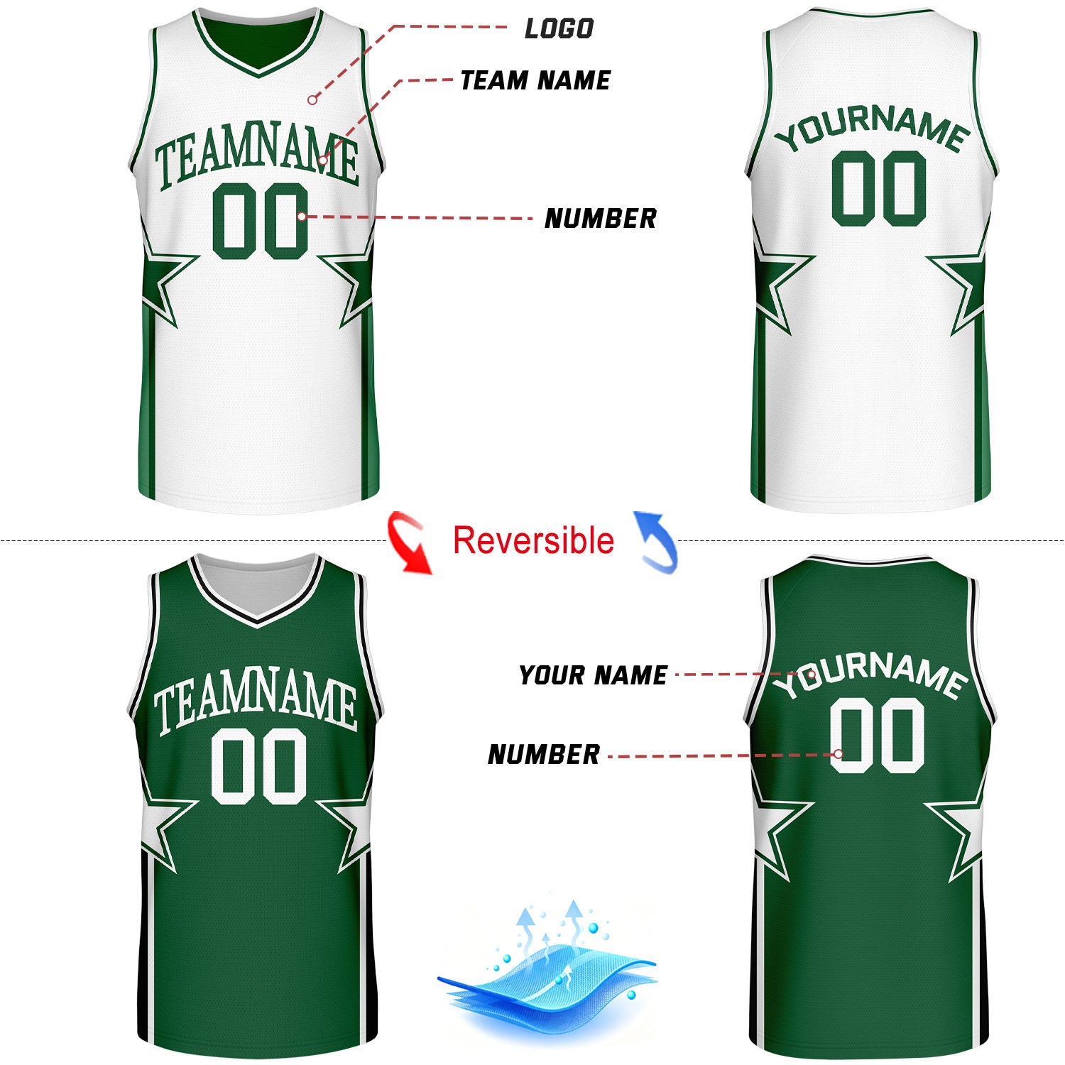 Custom White & Green Star Graphic Reversible Basketball Uniform Set | Breathable Mesh Jersey & Shorts for Team Sports