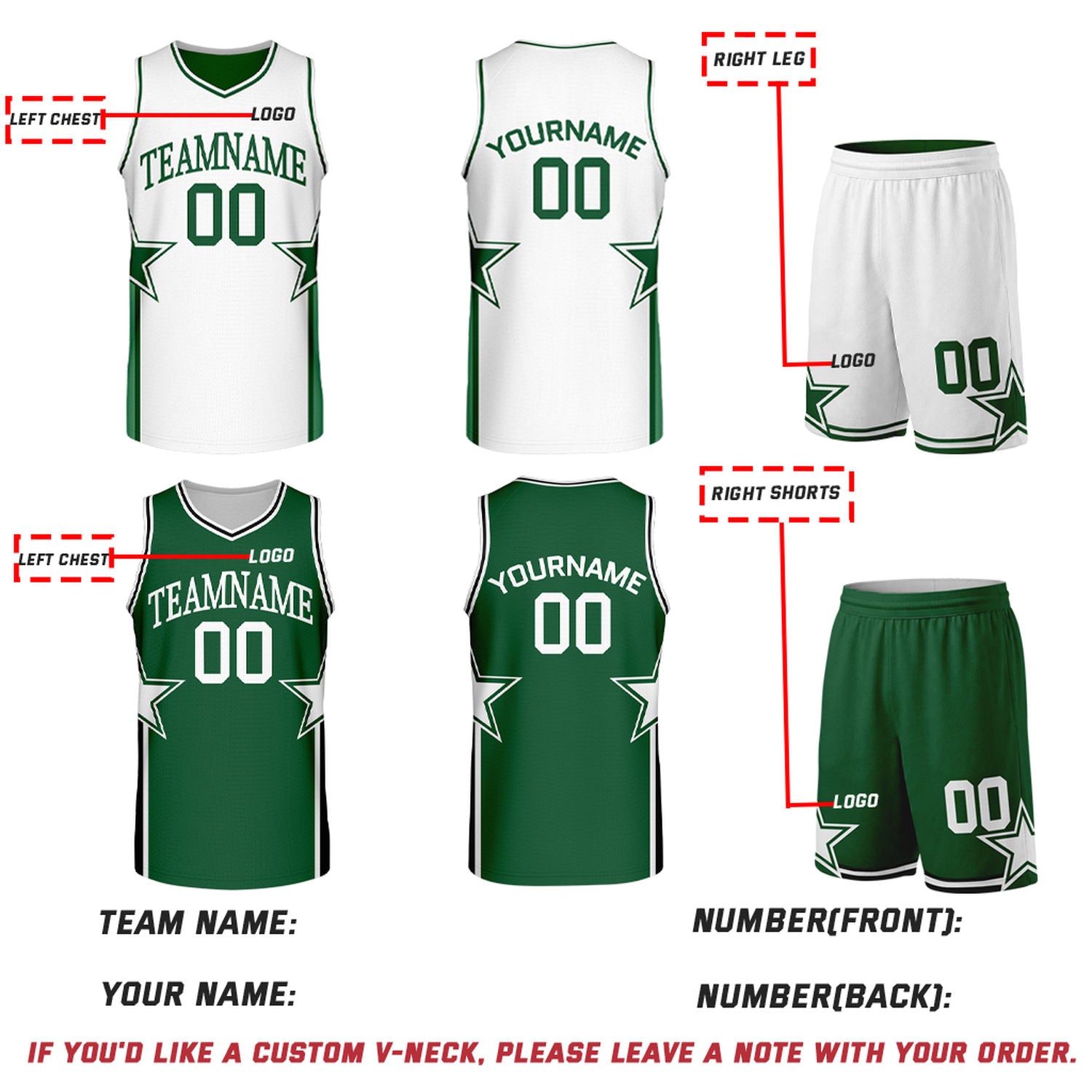 Custom White & Green Star Graphic Reversible Basketball Uniform Set | Breathable Mesh Jersey & Shorts for Team Sports