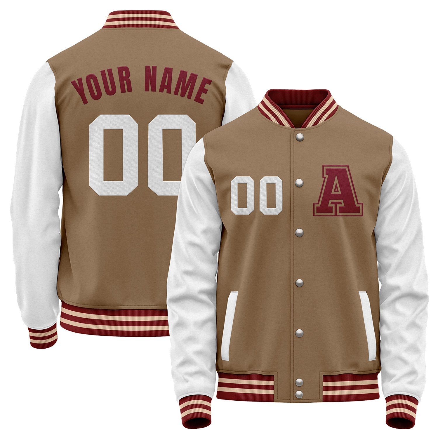 Custom tan and white baseball letterman jacket by Vosoli with stitched name, number and logo. Classic varsity jacket for baseball and casual wear.