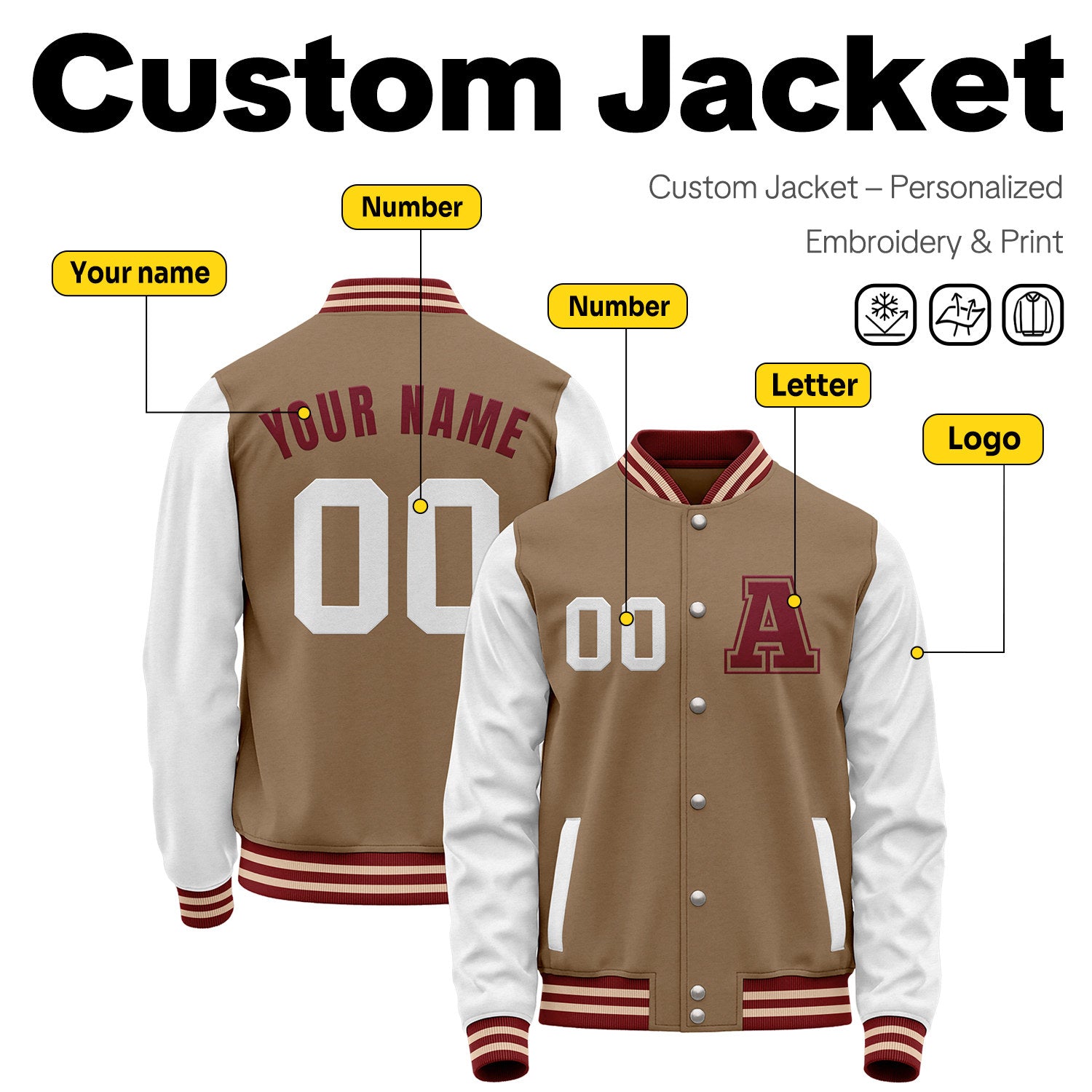 Custom Varsity Jacket with Stitched Name & Number | Tan & White Personalized Team Letterman Bomber