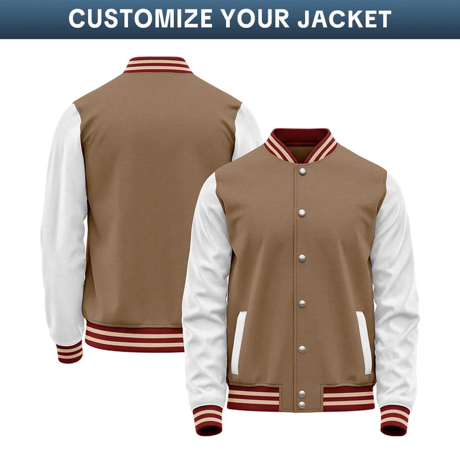 Custom Varsity Jacket with Stitched Name & Number | Tan & White Personalized Team Letterman Bomber