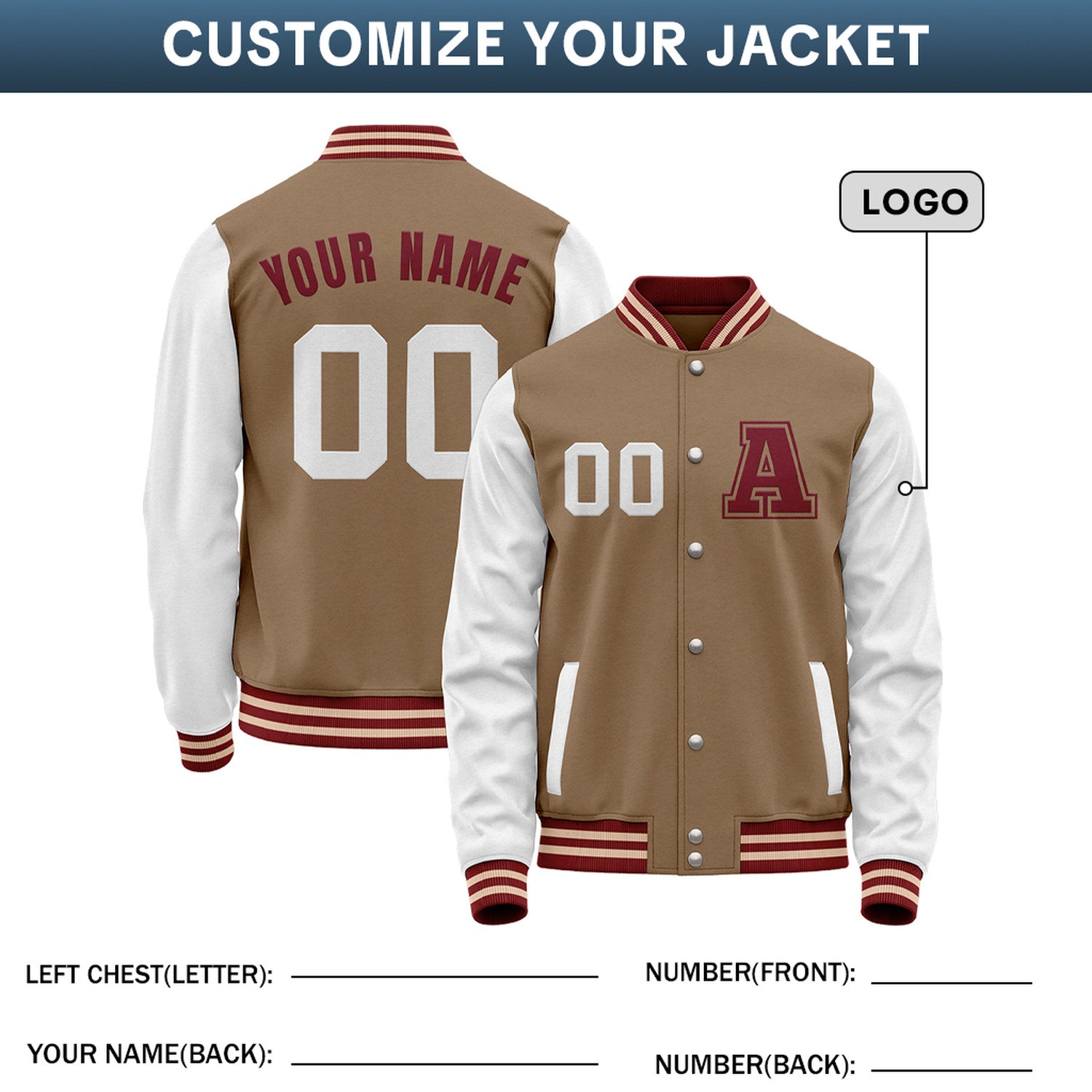 Custom Varsity Jacket with Stitched Name & Number | Tan & White Personalized Team Letterman Bomber