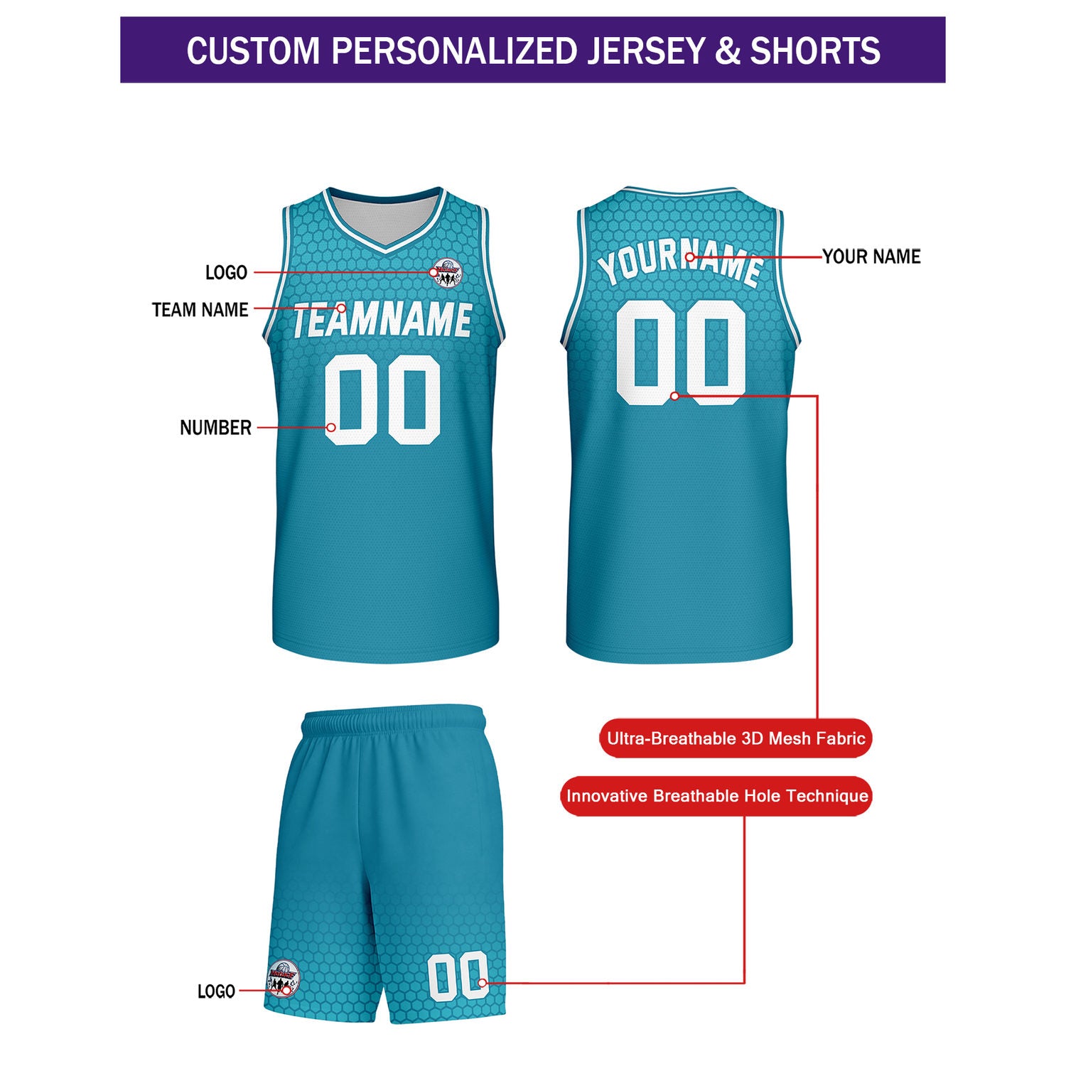 Custom Teal Honeycomb Basketball Uniform Set | Personalized Team Name & Number - Vosoli