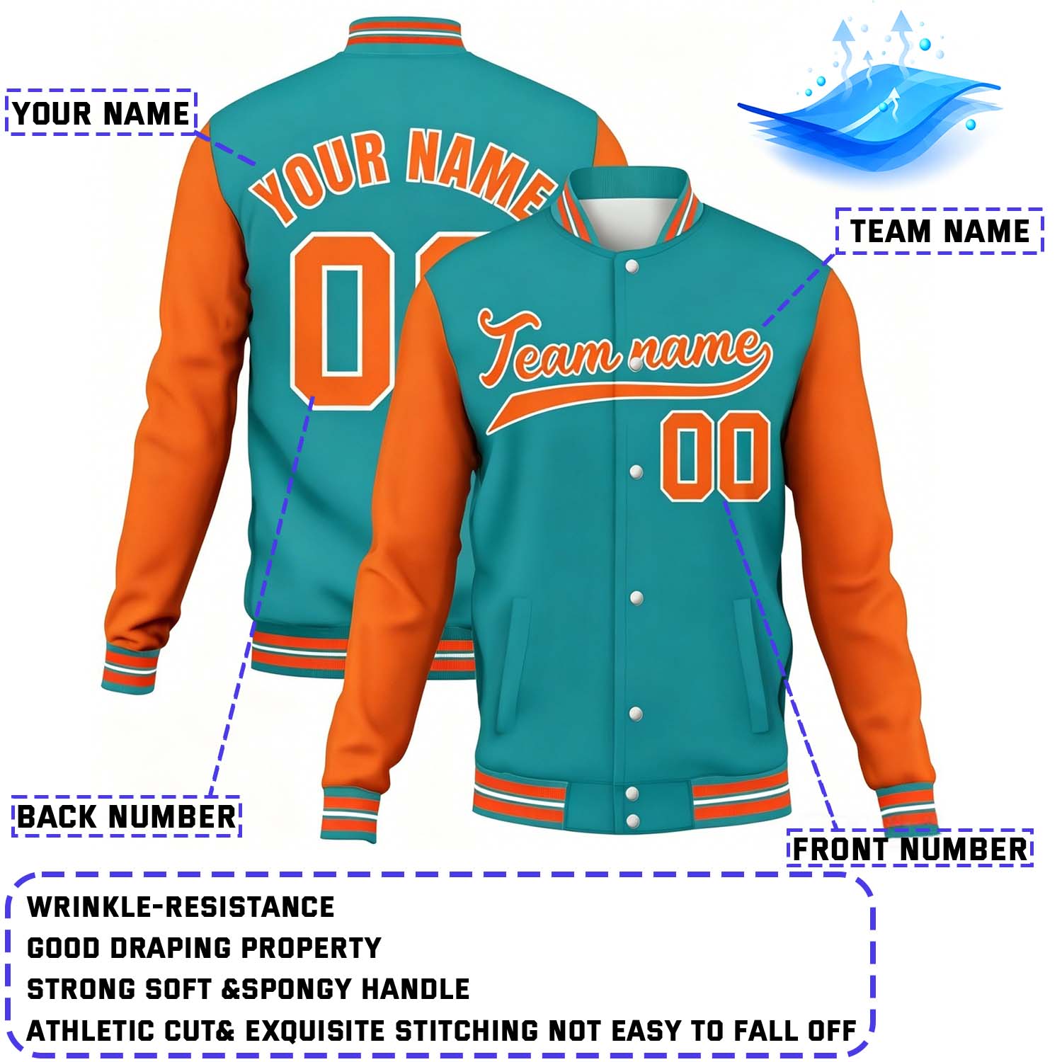 Custom Teal & Orange Contrast Sleeve Varsity Baseball Jacket | Personalized Team Name & Number