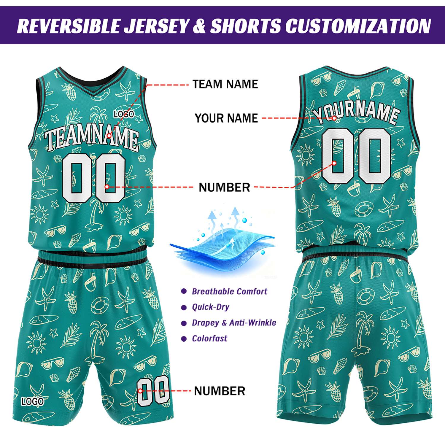 Custom Teal Summer Pattern Basketball Jersey & Shorts Set | Personalized Team Uniform